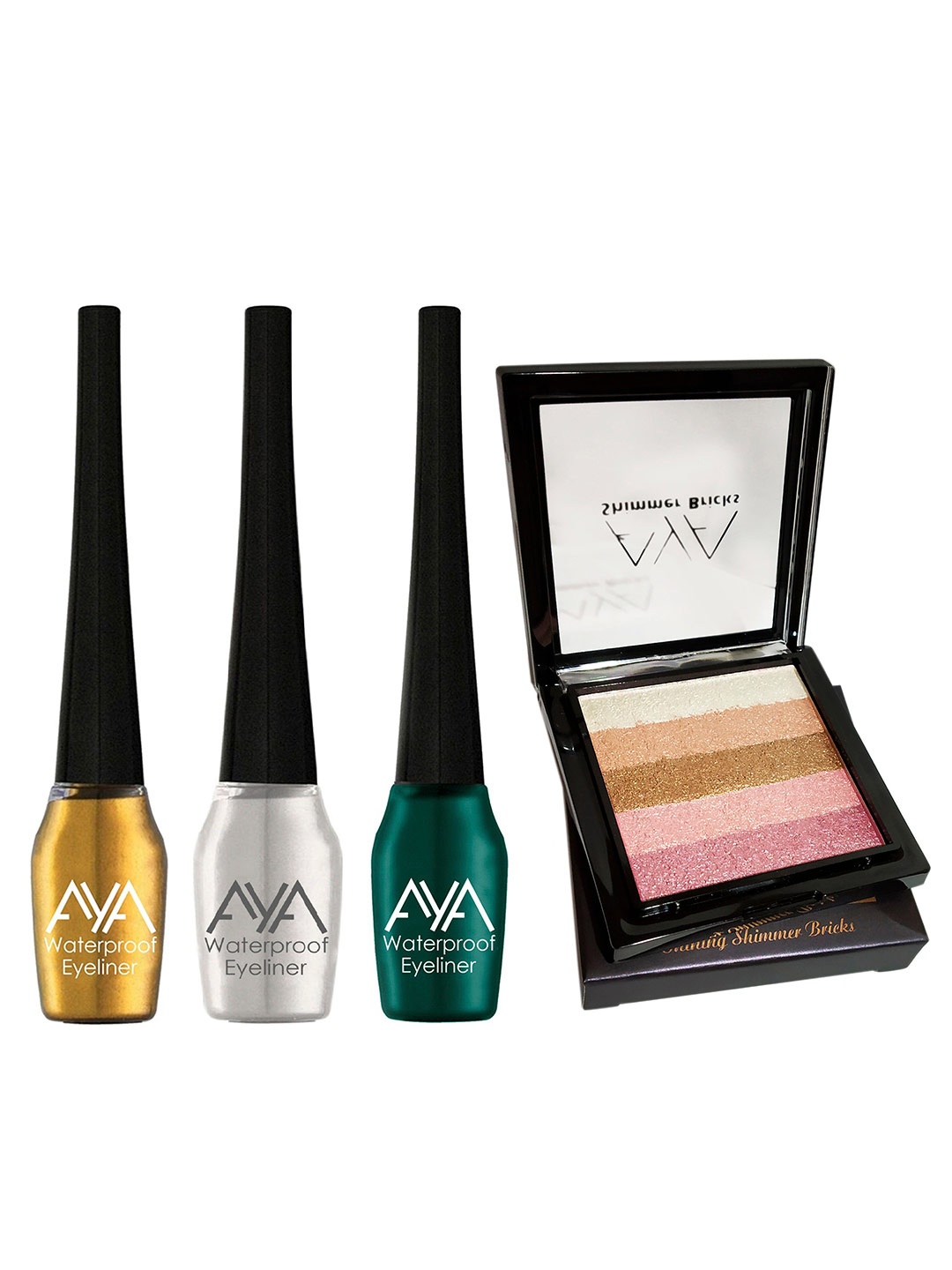

AYA Set of 4 Waterproof Liquid Eyeliner & Shimmer Brick Highlighter, Multi