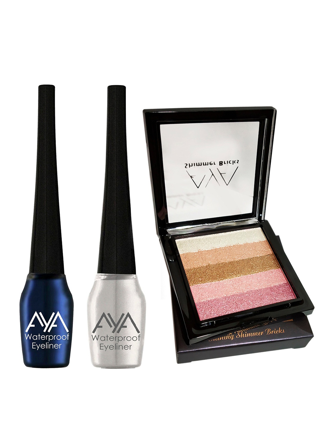 

AYA Set of 3 Waterproof Liquid Eyeliner & Shimmer Brick Highlighter, Multi