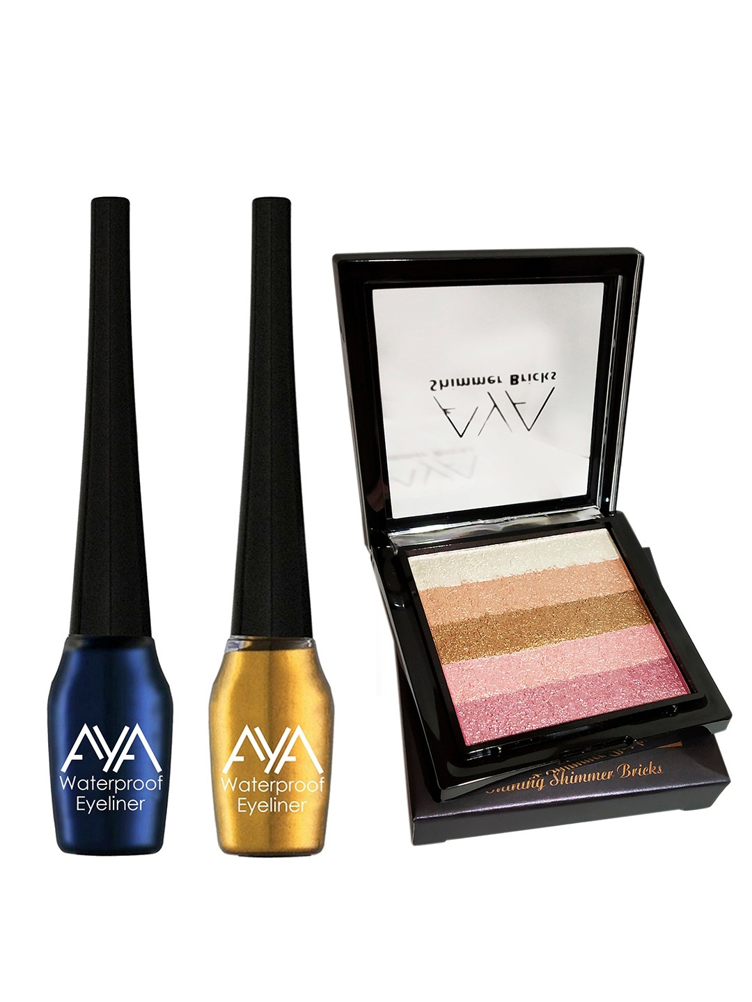 

AYA Set of 3 Waterproof Liquid Eyeliner & Shimmer Brick Highlighter, Multi