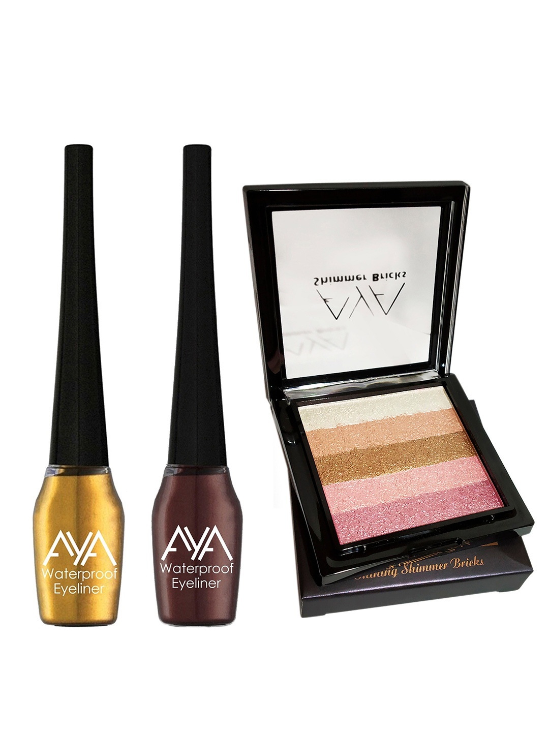 

AYA Set of 3 Waterproof Liquid Eyeliner & Shimmer Brick Highlighter, Multi