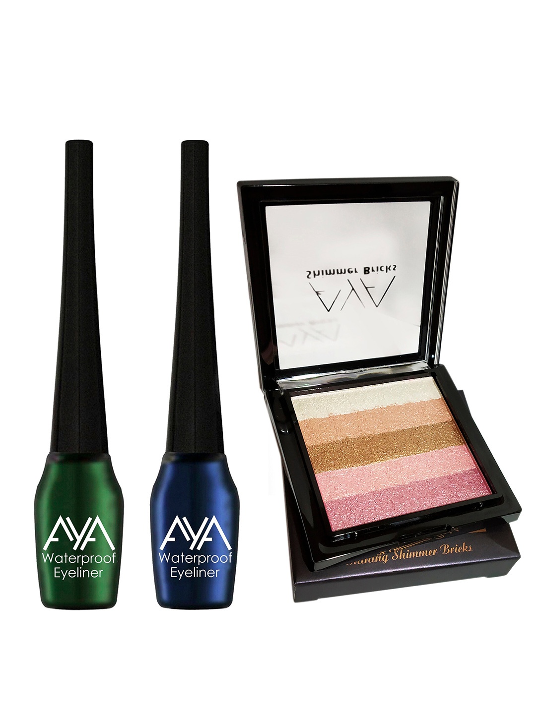 

AYA Set of 3 Waterproof Liquid Eyeliner & Shimmer Brick Highlighter, Multi
