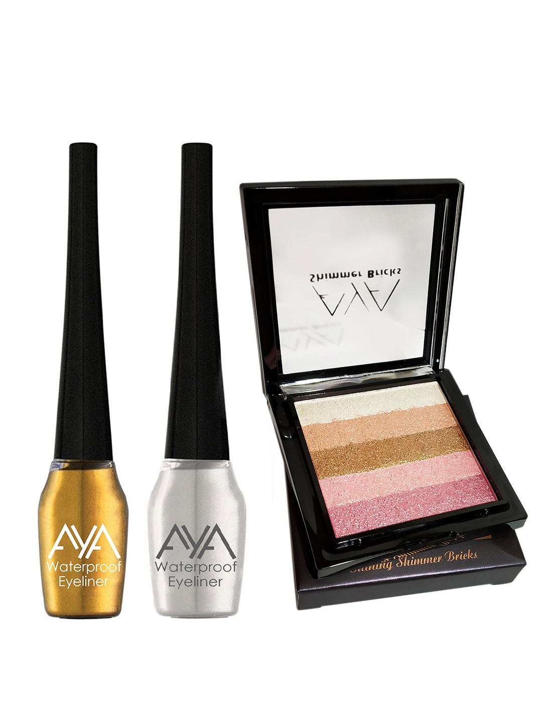 

AYA Set of 3 Waterproof Liquid Eyeliner & Shimmer Brick Highlighter, Multi