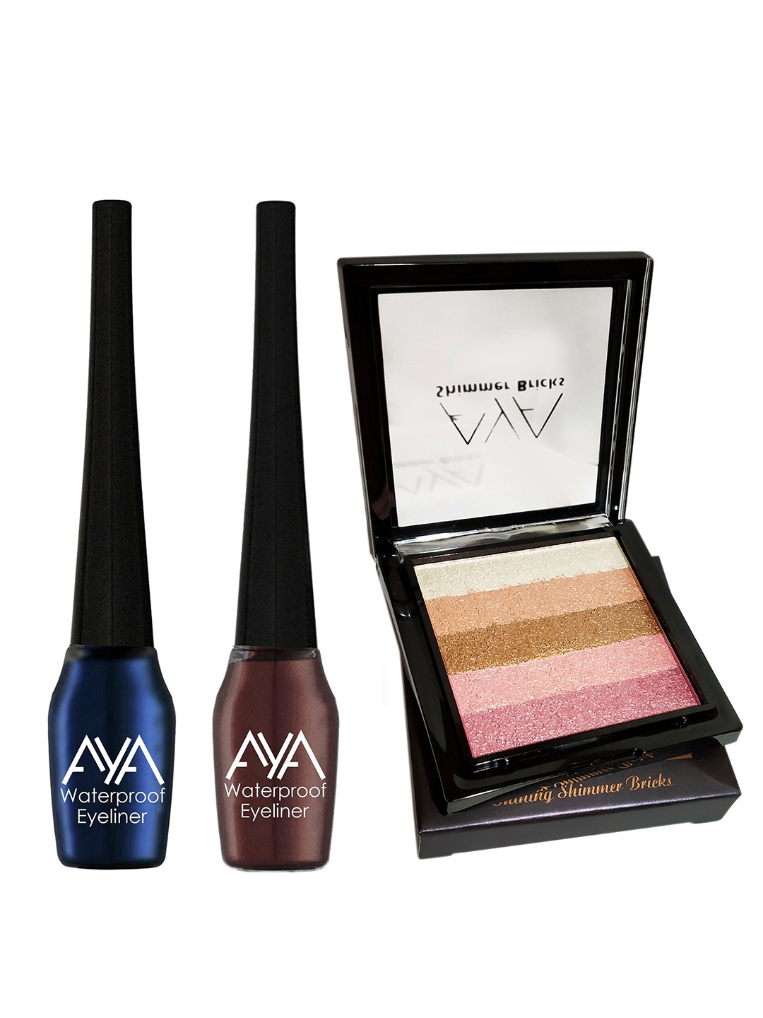 

AYA Set of 3 Waterproof Liquid Eyeliner & Shimmer Brick Highlighter, Multi