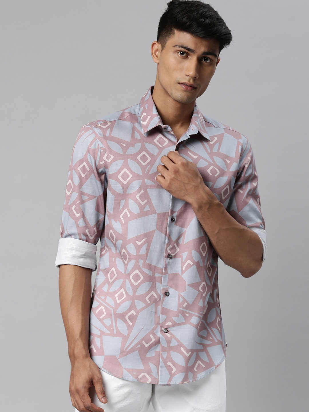 

RARE RABBIT Men Pink & Blue Slim Fit Opaque Abstract Printed Cotton Casual Shirt