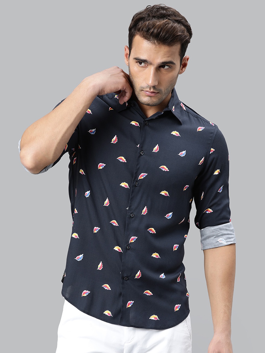 

RARE RABBIT Men Medrid Slim Fit Opaque Printed Shirt, Navy blue