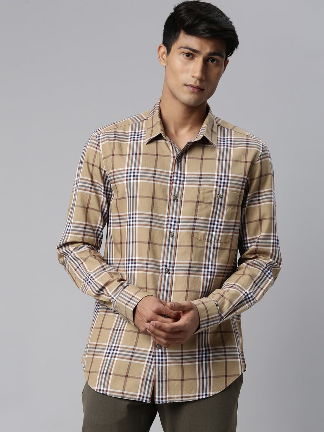 

RARE RABBIT Men Albert Slim Fit Tartan Checked Opaque Shirt, Beige