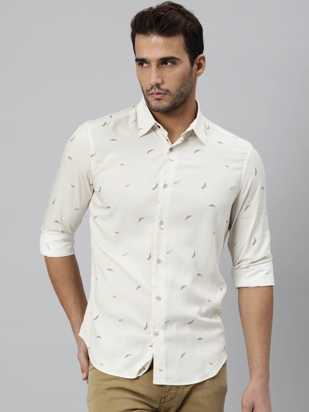 

RARE RABBIT Men Medrid Slim Fit Floral Printed Opaque Cotton Shirt, Off white