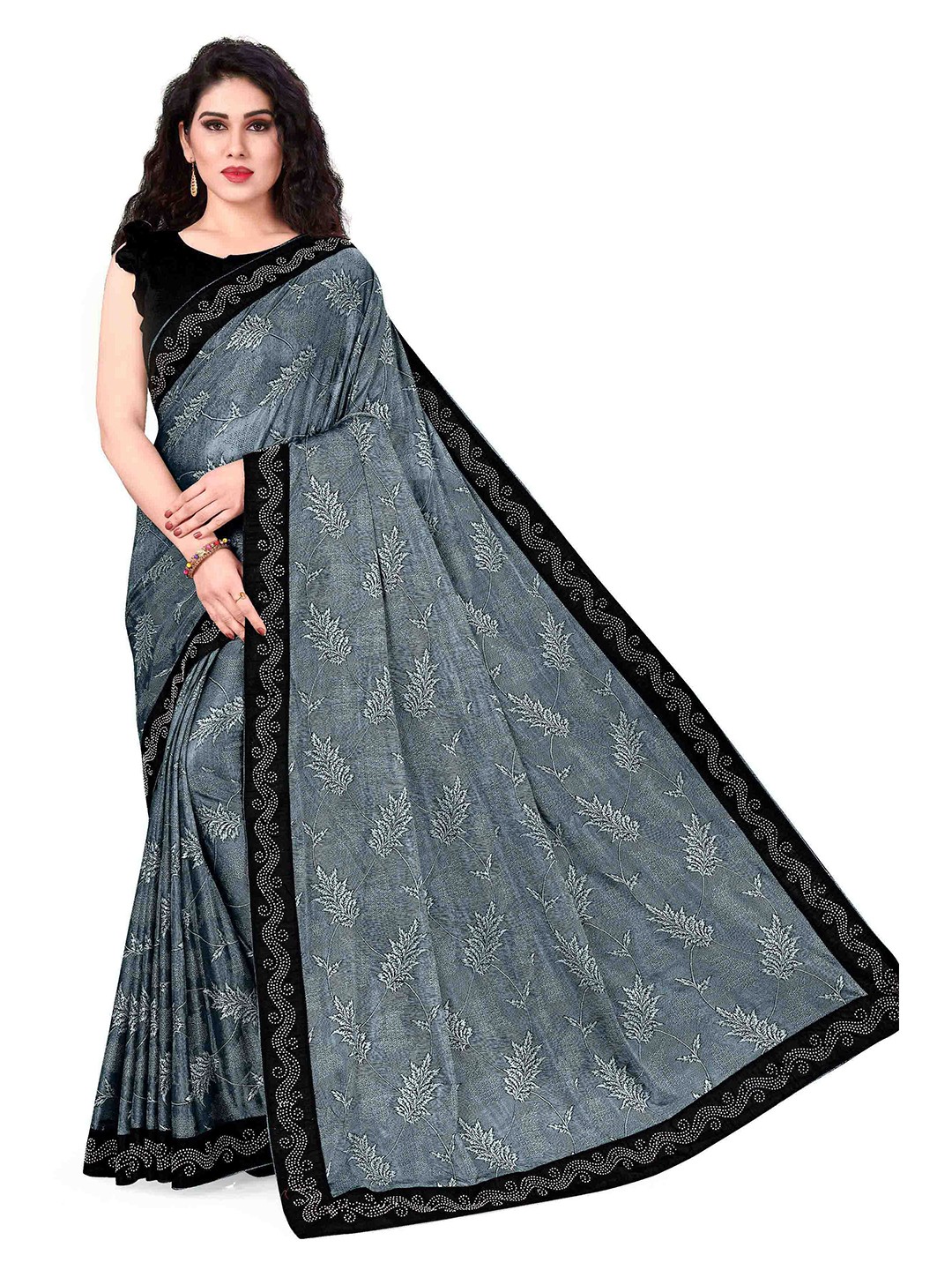 

KALINI Grey & Black Floral Woven Design Saree
