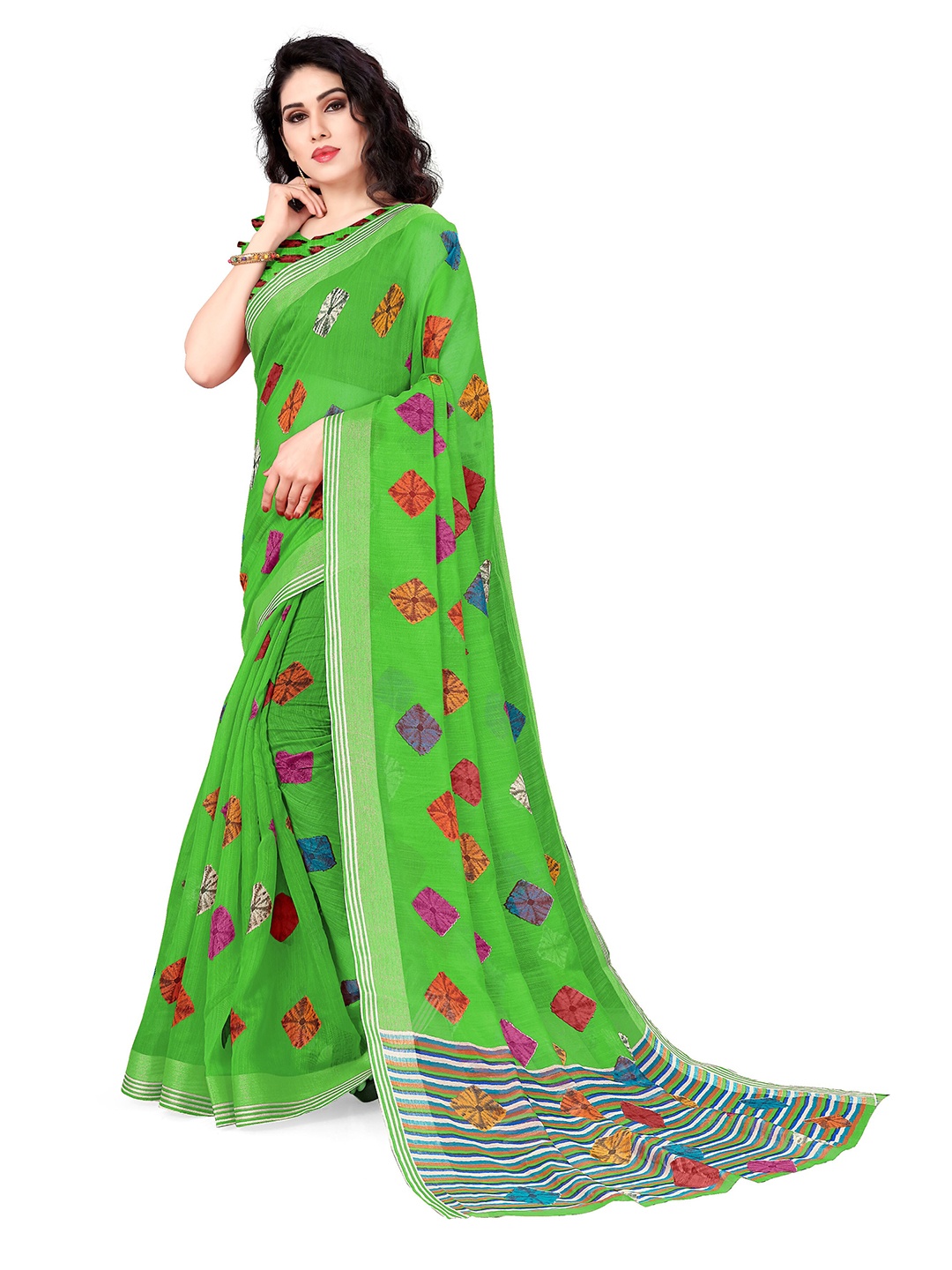 

KALINI Green & Red Bandhani Printed Saree