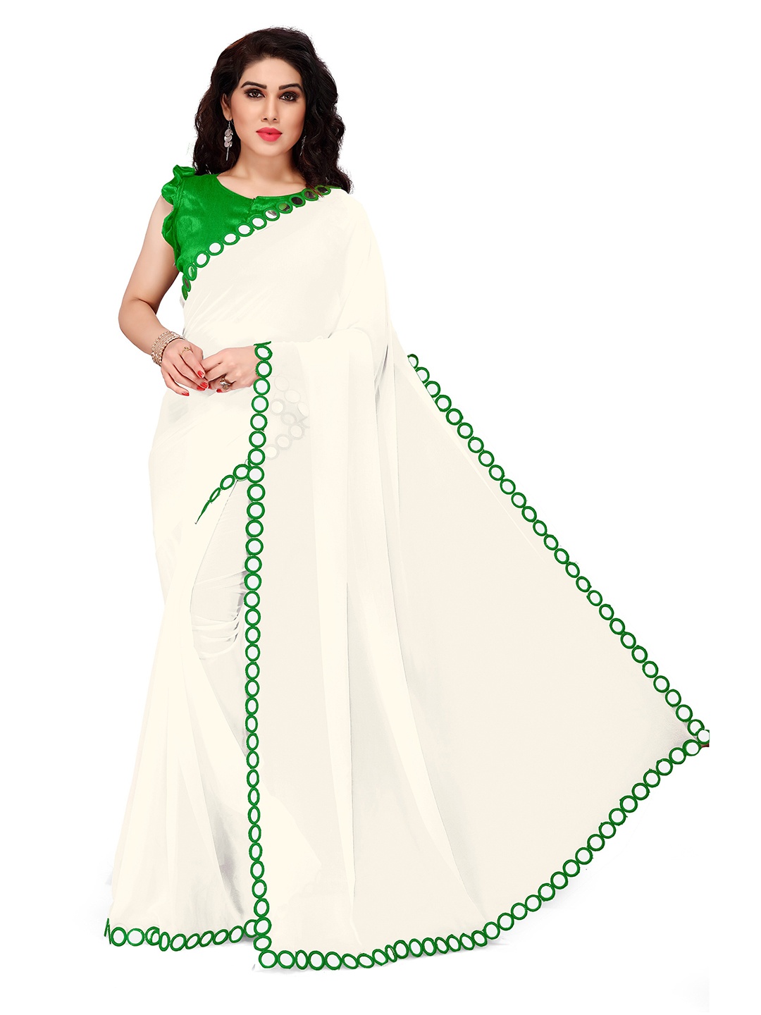 

KALINI White & Green Mirror Work Saree