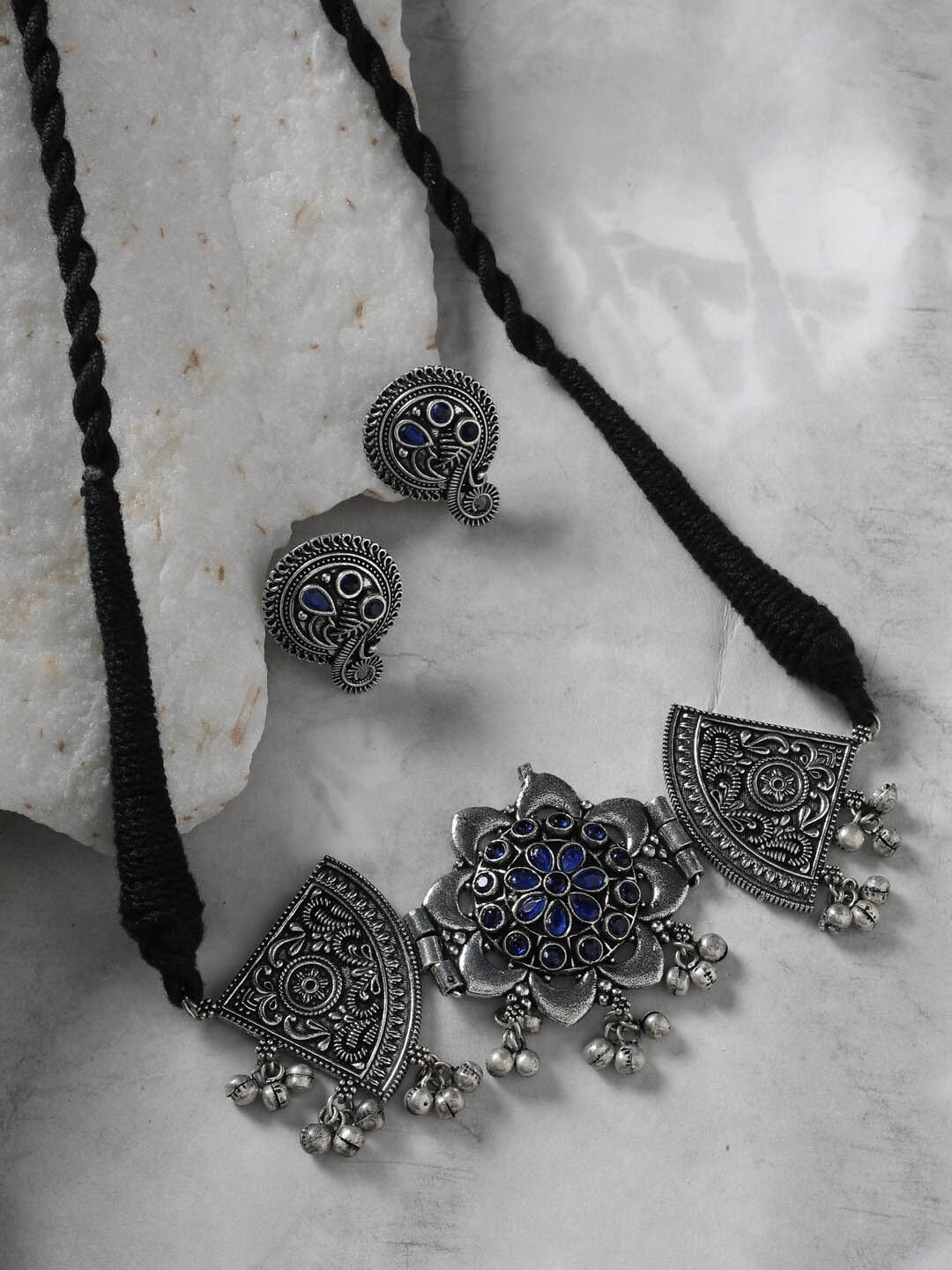 

Shoshaa Oxidised Silver-Plated Blue Stone-Studded Jewellery Set