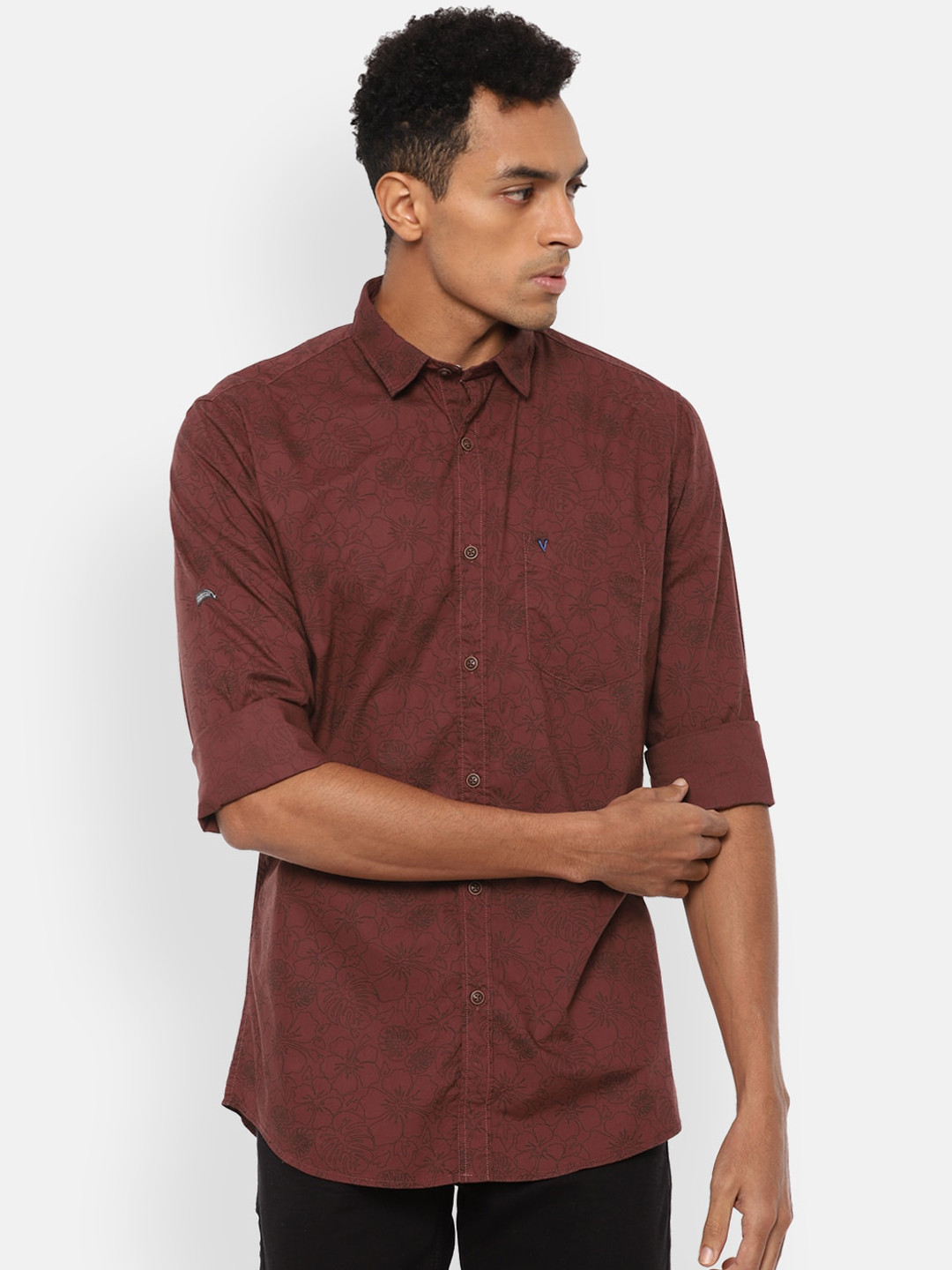 

VAN HEUSEN DENIM LABS Men Maroon Slim Fit Opaque Printed Pure Cotton Casual Shirt