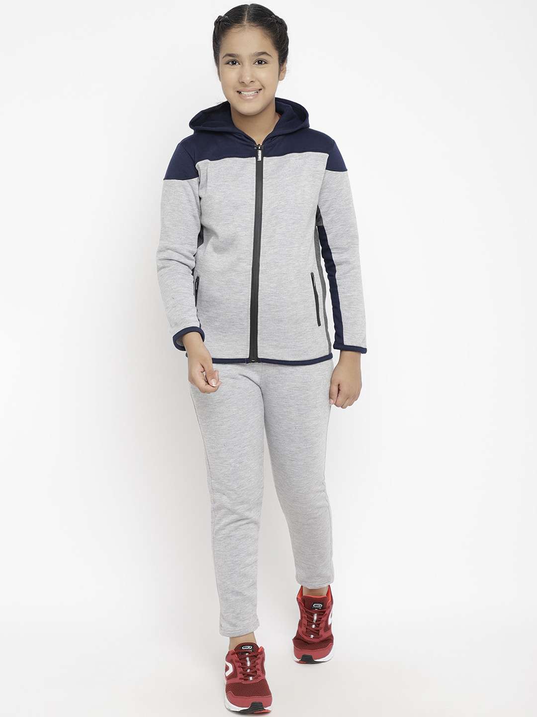 

CHIMPRALA Girls Navy Blue & Grey Colourblocked Comfort-Fit Cotton Tracksuit