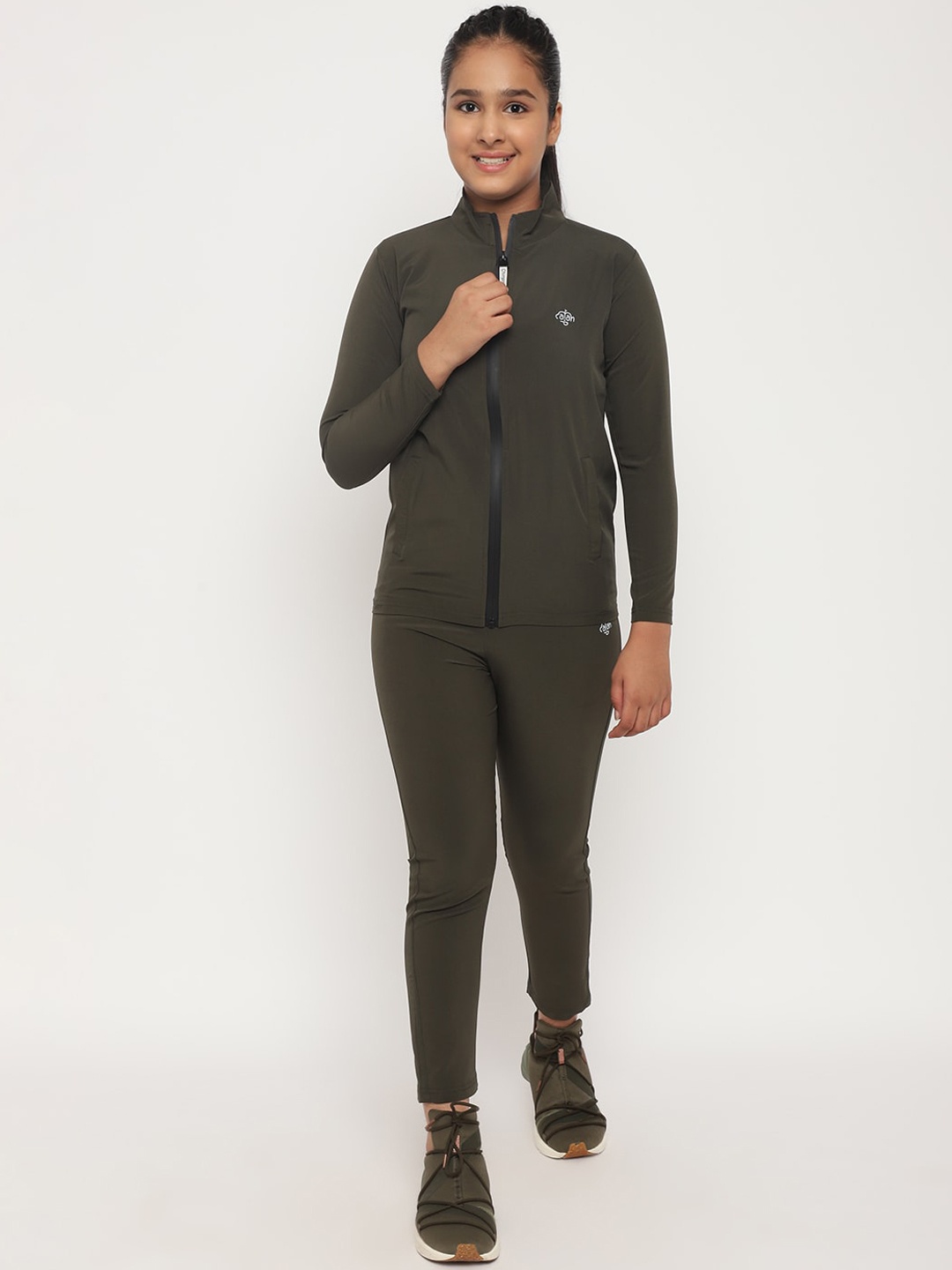 

CHIMPRALA Girls Olive-Green Solid Comfort-Fit Tracksuit