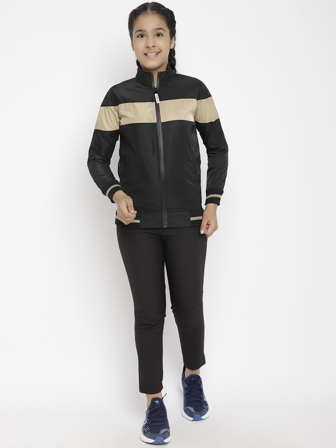 

CHIMPRALA Girls Black & Beige Colourblocked Comfort-Fit Tracksuits