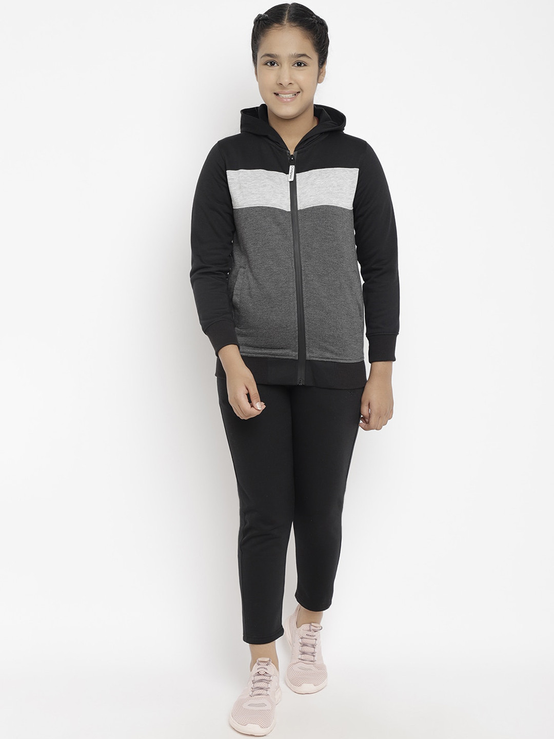 

CHIMPRALA Girls Black & Grey Comfort-Fit Hooded Tracksuit