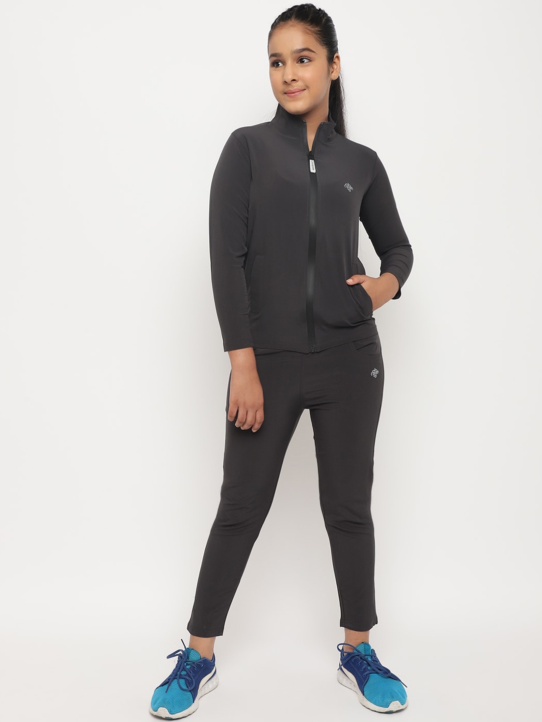 

CHIMPRALA Girls Charcoal Grey Solid Comfort-Fit Tracksuit