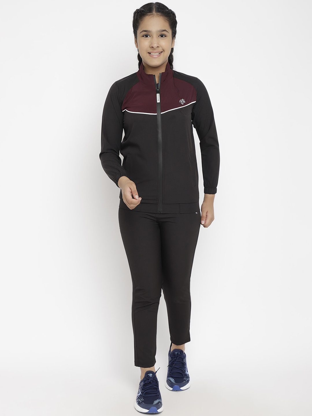 

CHIMPRALA Girls Black & Maroon Colourblocked Comfort-Fit Tracksuit