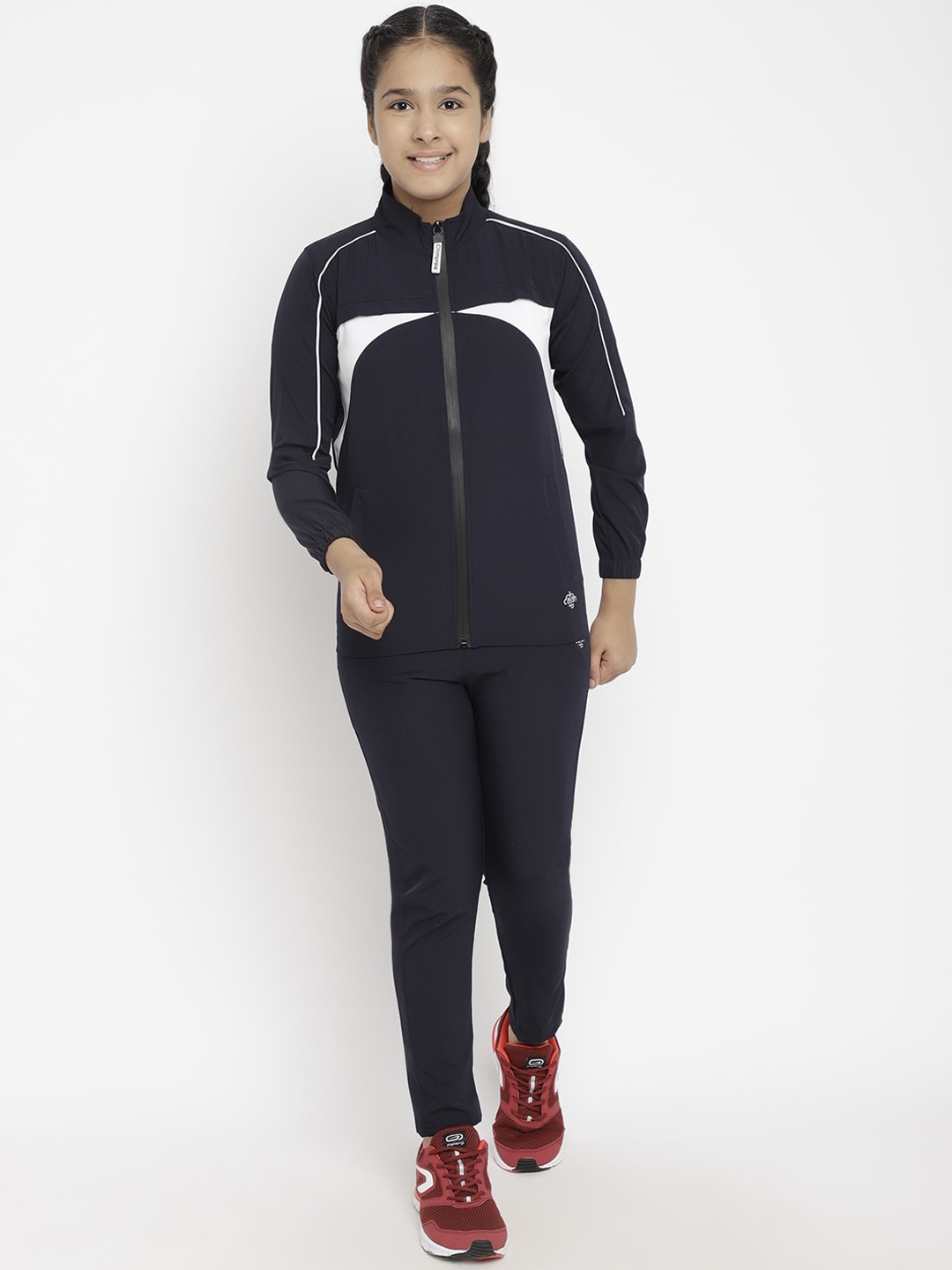 

CHIMPRALA Girls Navy Blue & White Colourblocked Comfort-Fit Tracksuit