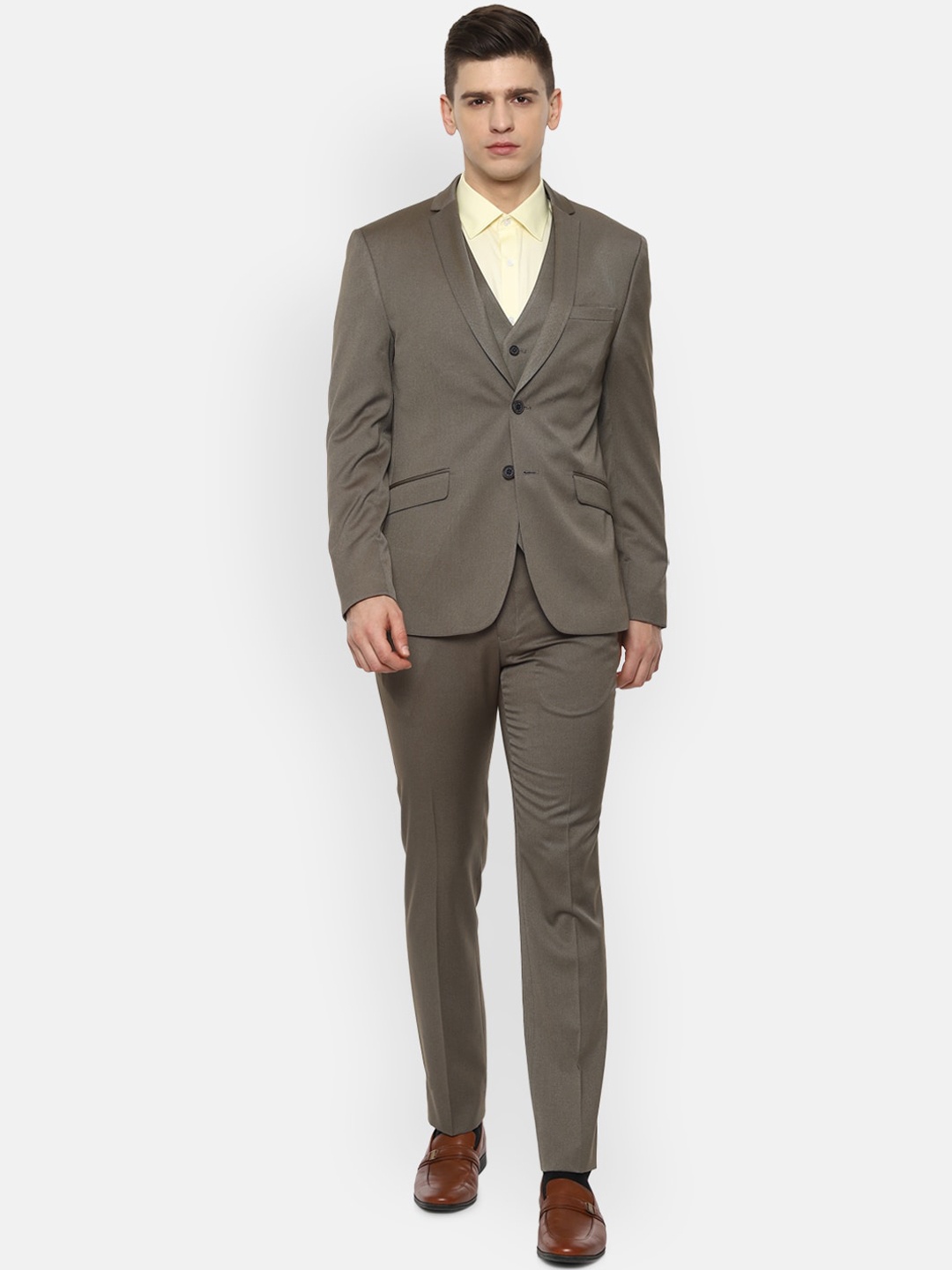 

V Dot Men Brown Self Design Slim-Fit Single-Breasted Three Piece Suit