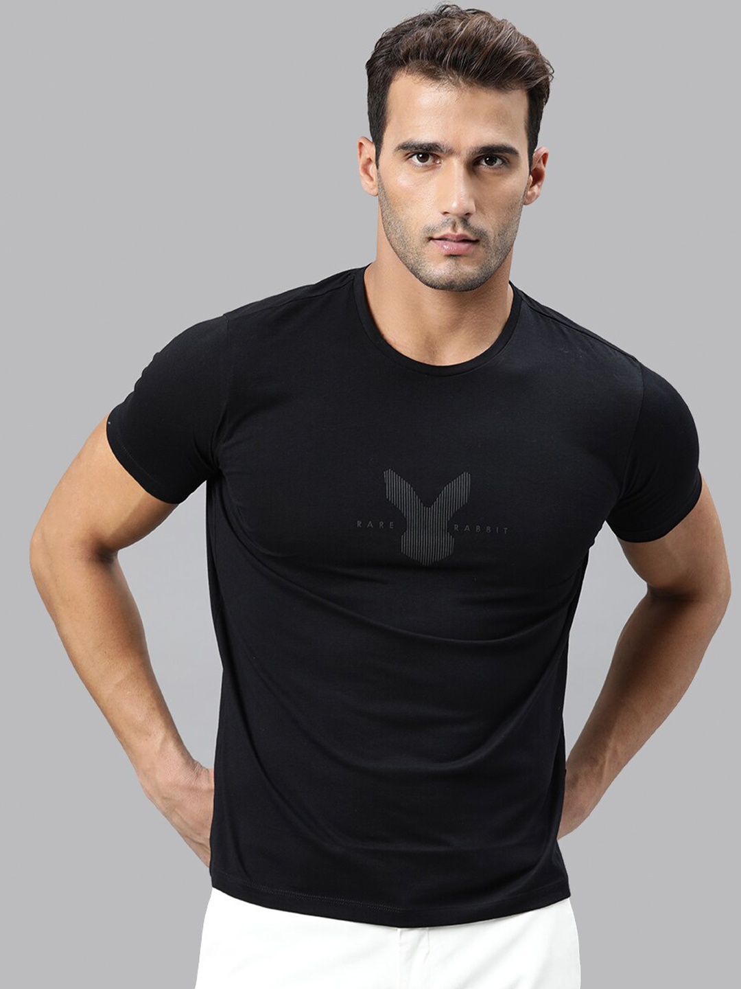 

RARE RABBIT Men Black Slim Fit Cotton T-shirt
