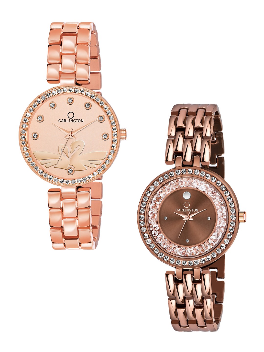 

CARLINGTON Women Pack of 2 Stainless Steel Bracelet Style Straps Watch Combo Duck, Rose gold