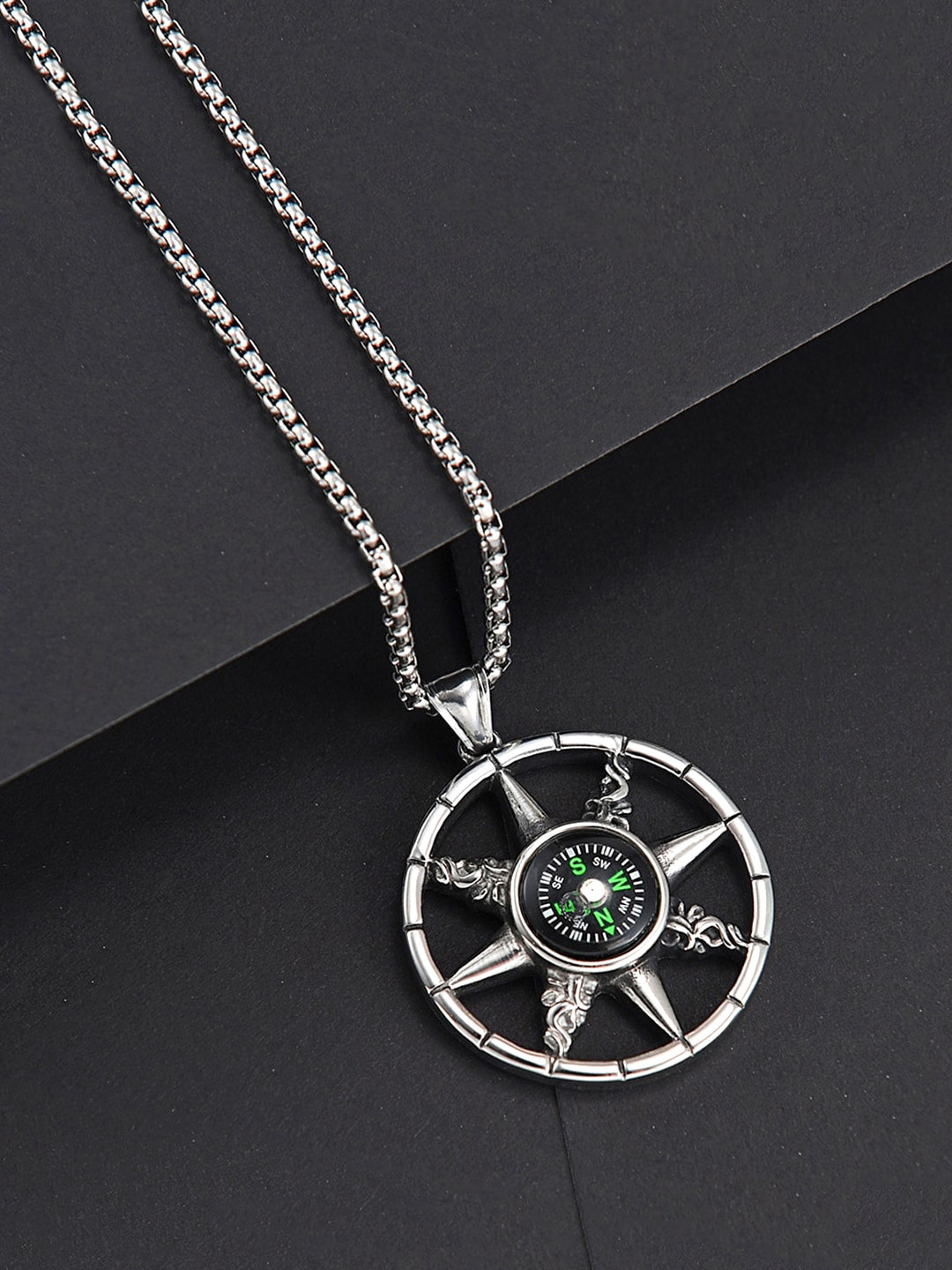 

Yellow Chimes Silver-Toned Compass Pendant With Chain