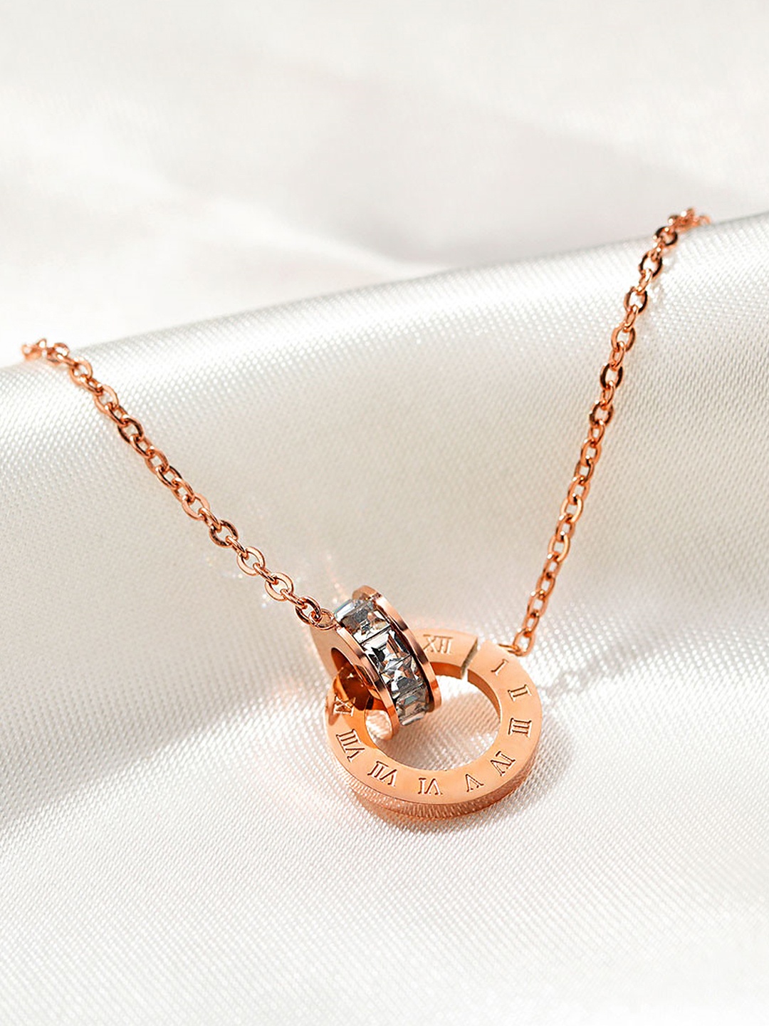 

Yellow Chimes Rose Gold-Plated White CZ-Studded Stainless Steel Circle Pendant With Chain