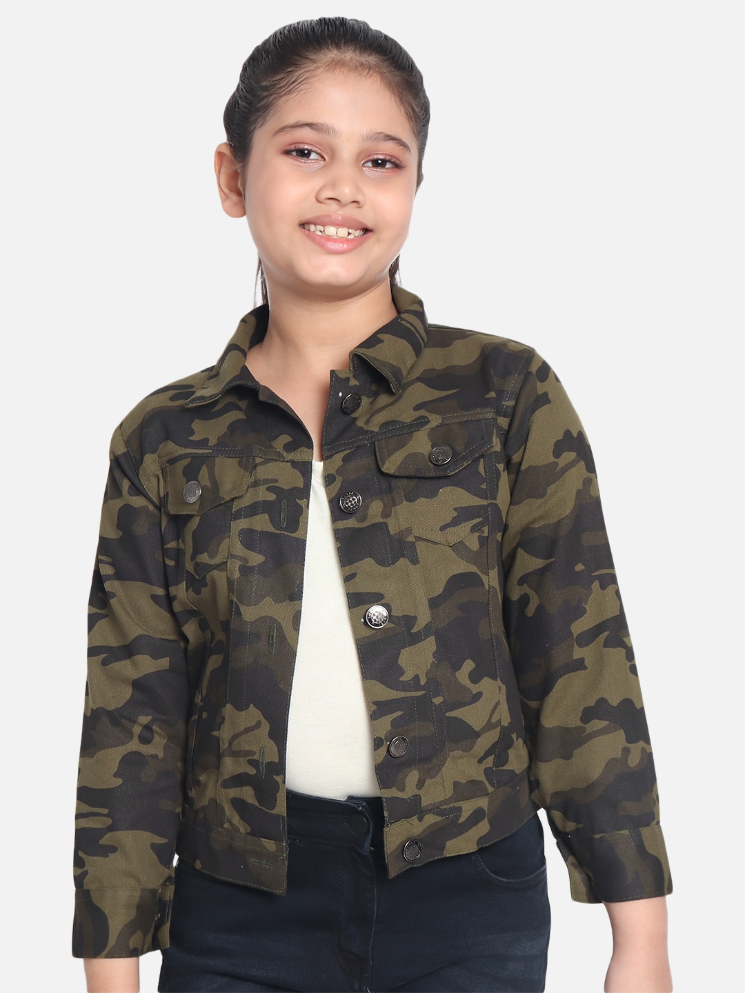 

MONTREZ Girls Olive Green Cotton Camouflage Print Denim Jacket