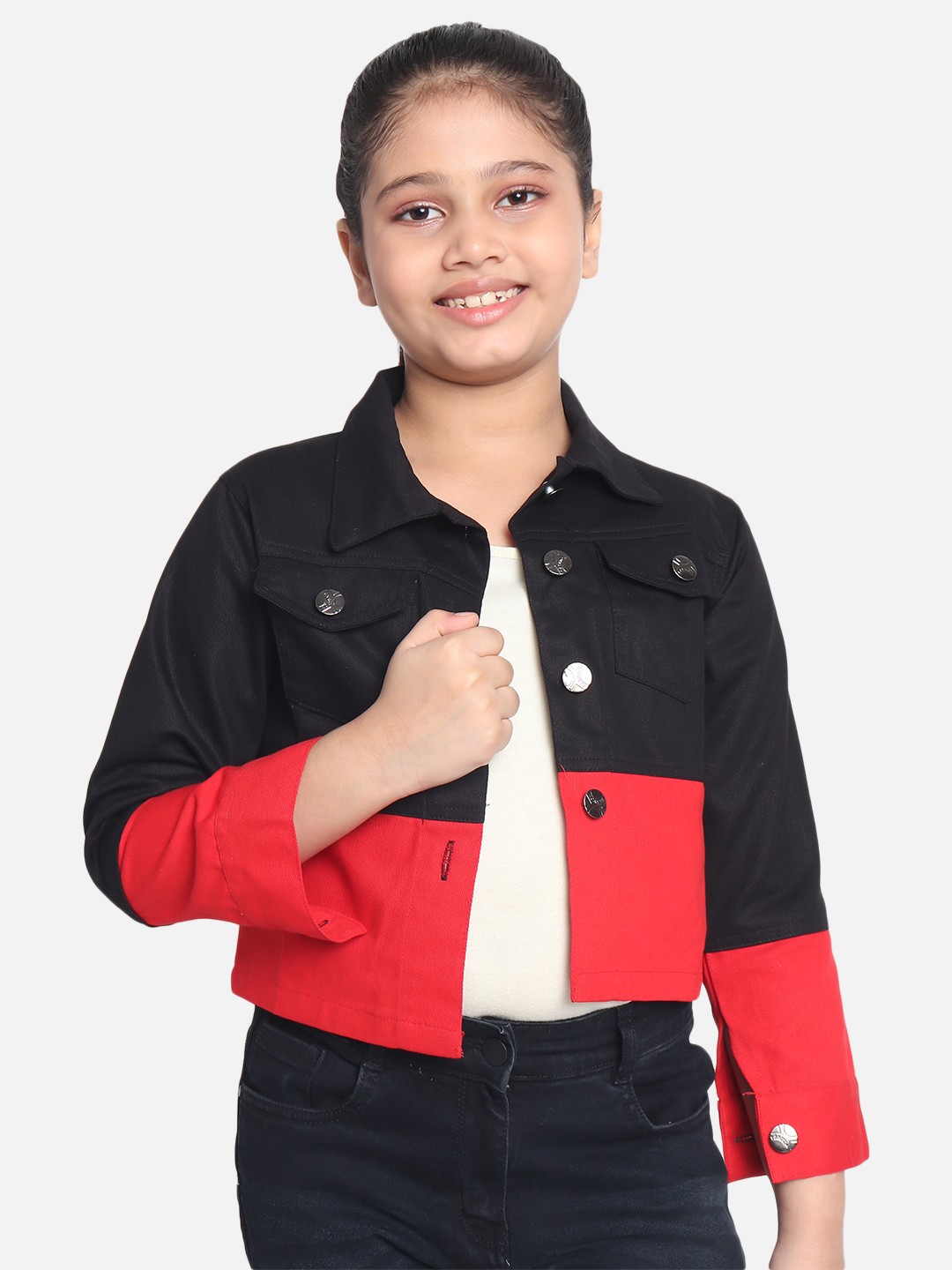 

MONTREZ Girls Black & Red Cotton Colourblocked Crop Denim Jacket