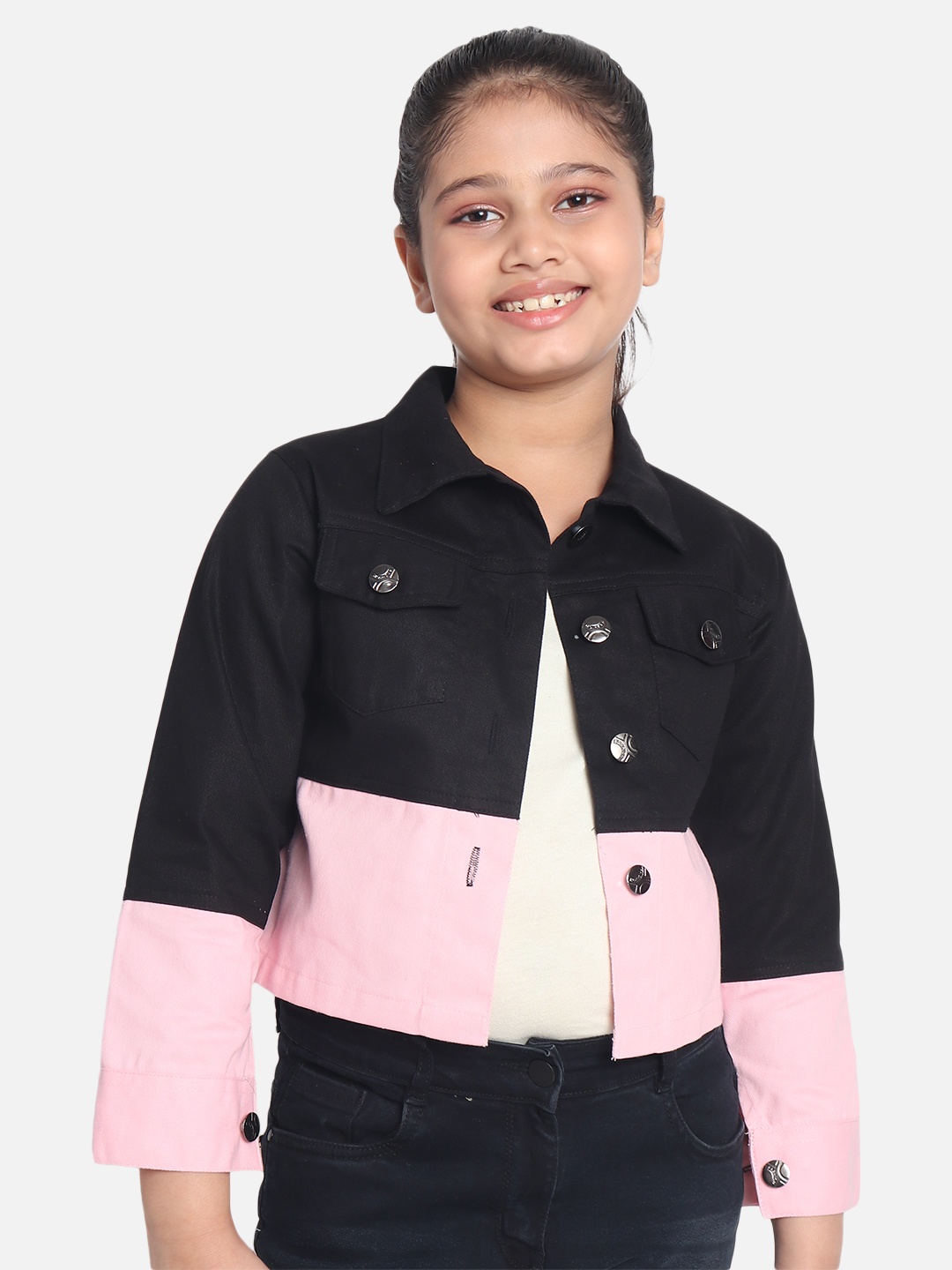 

MONTREZ Girls Black & Pink Cotton Colourblocked Crop Denim Jacket