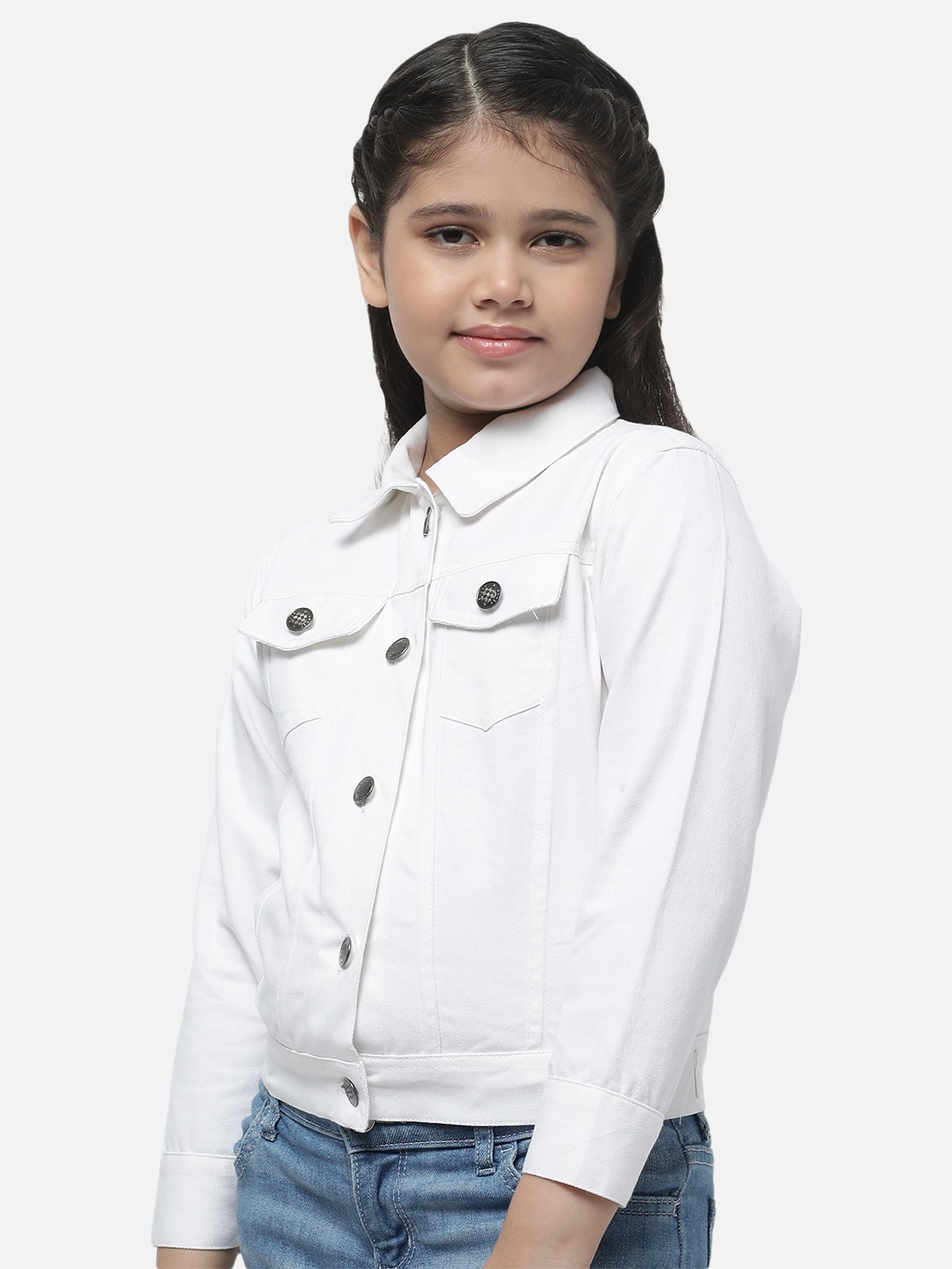 

MONTREZ Girls White Cotton Denim Jacket