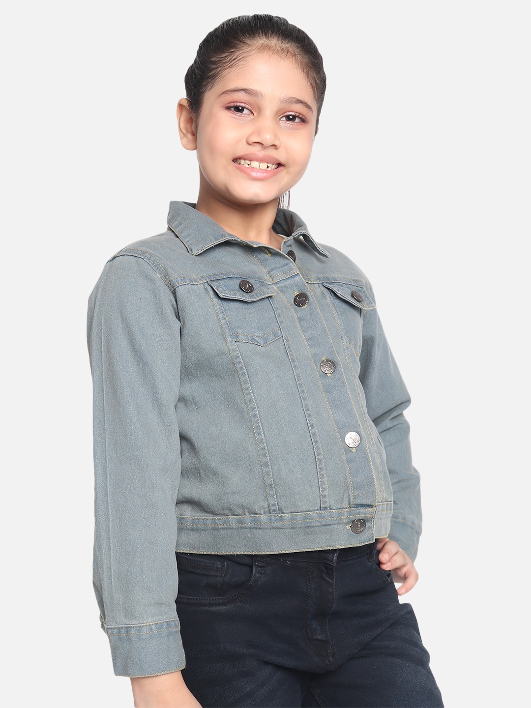 

MONTREZ Girls Grey Cotton Denim Jacket