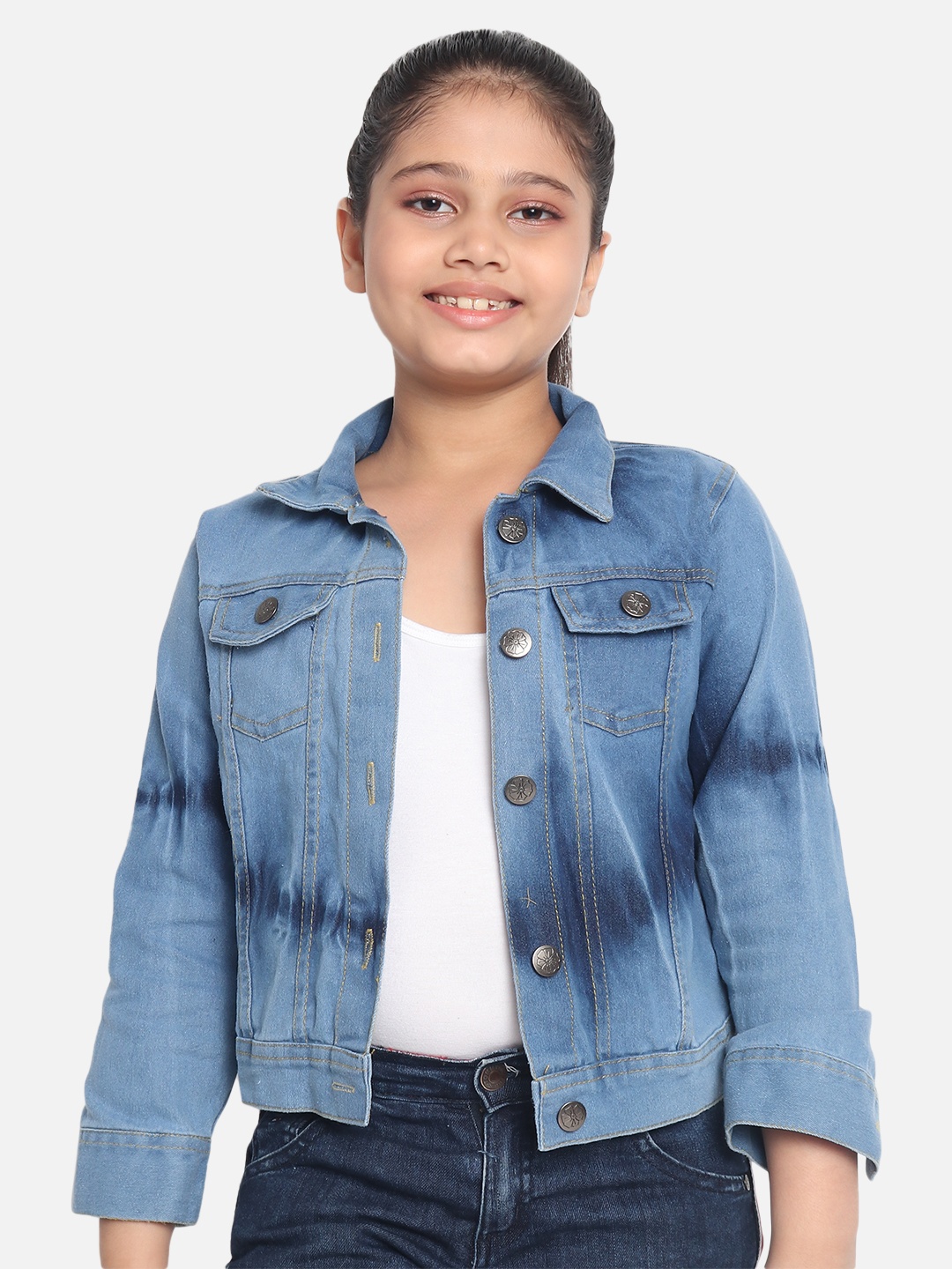 

MONTREZ Girls Blue Washed Lightweight Pure Cotton Denim Jacket