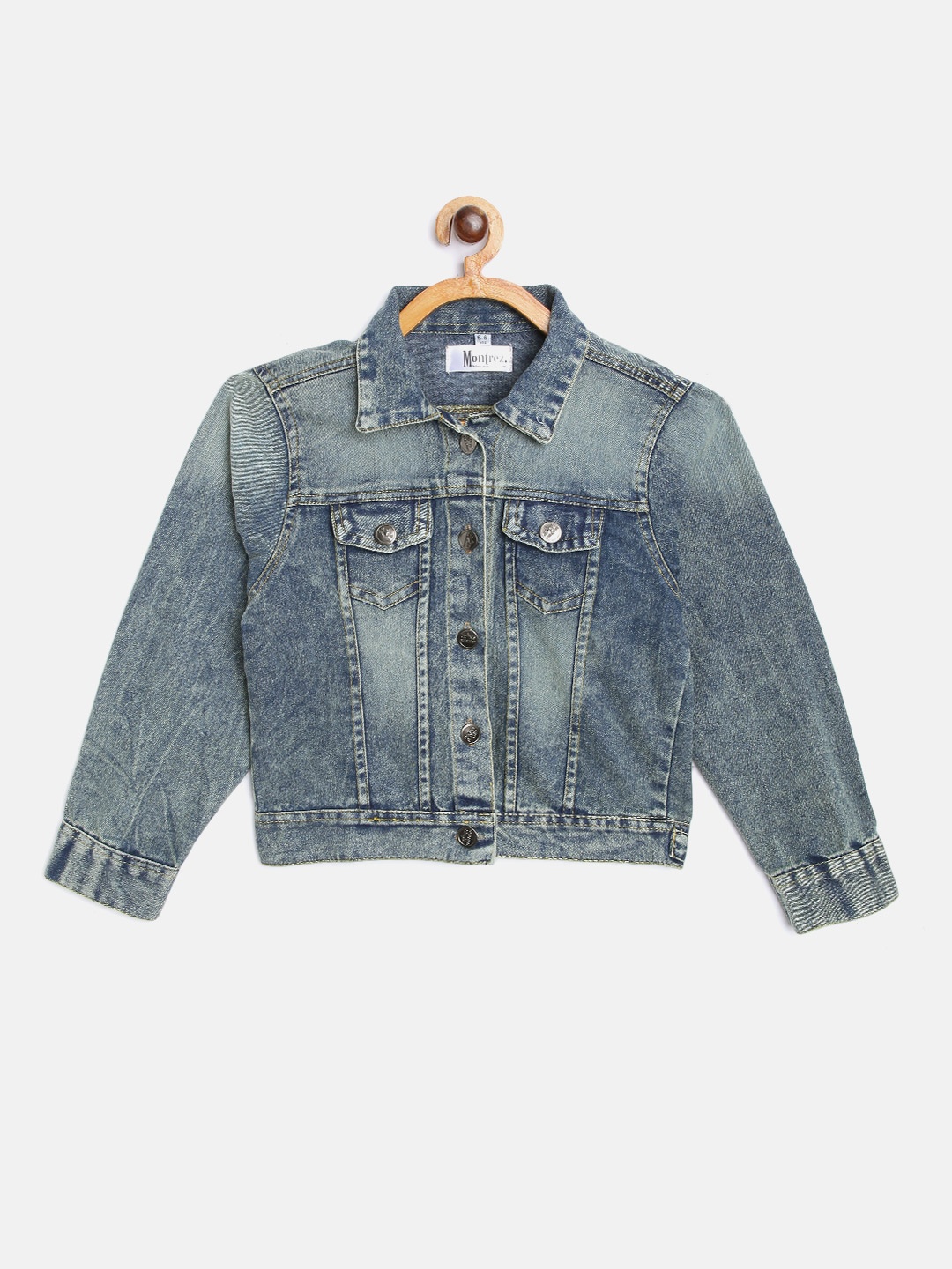 

MONTREZ Girls Blue & Grey Cotton Washed Denim Jacket