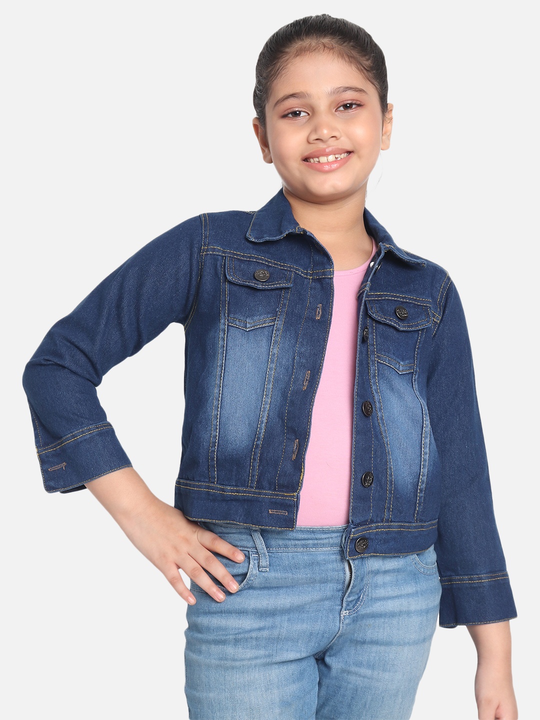 

MONTREZ Girls Blue Washed Lightweight Pure Cotton Denim Jacket