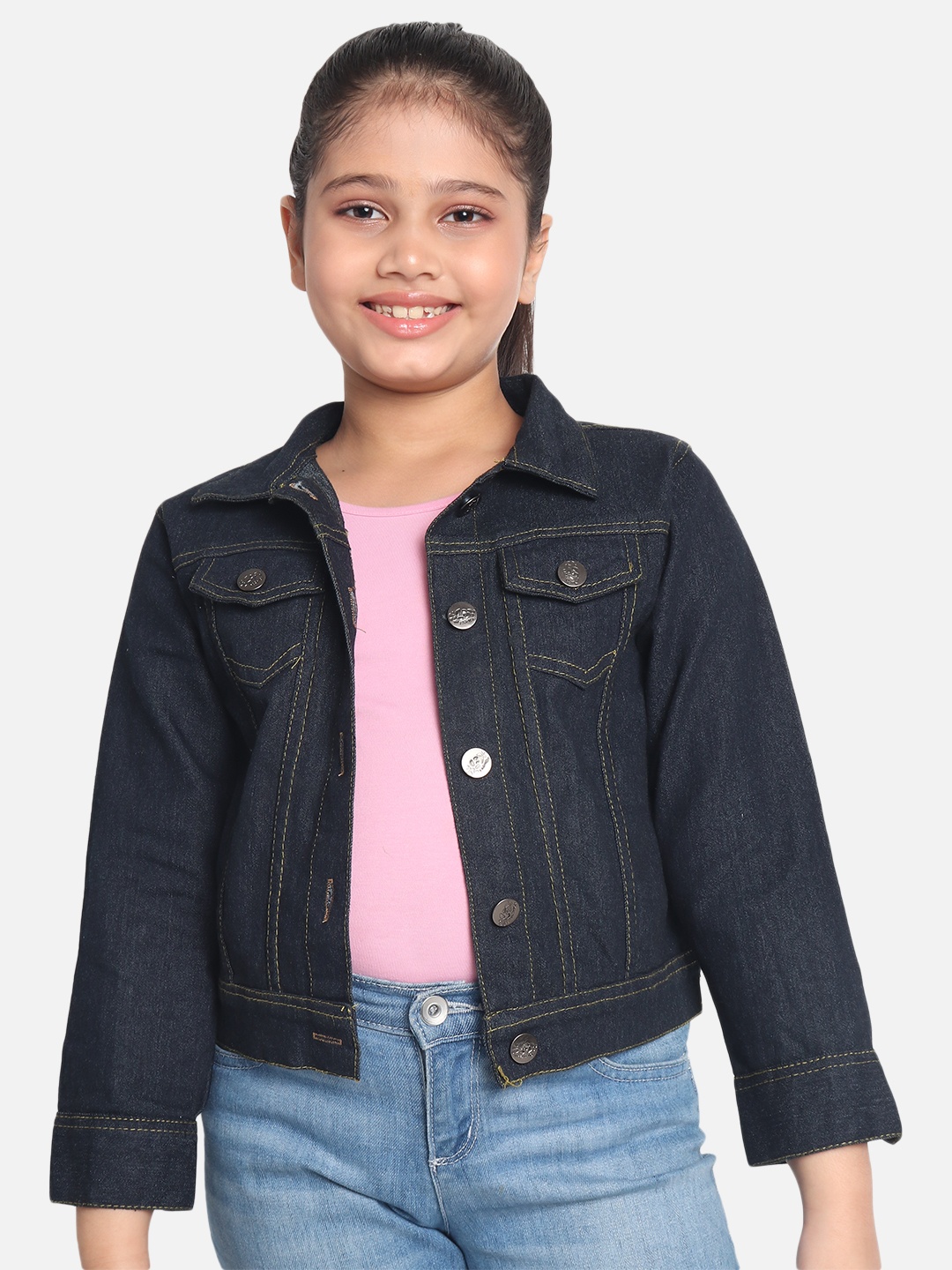 

MONTREZ Girls Black Lightweight Pure Cotton Denim Jacket