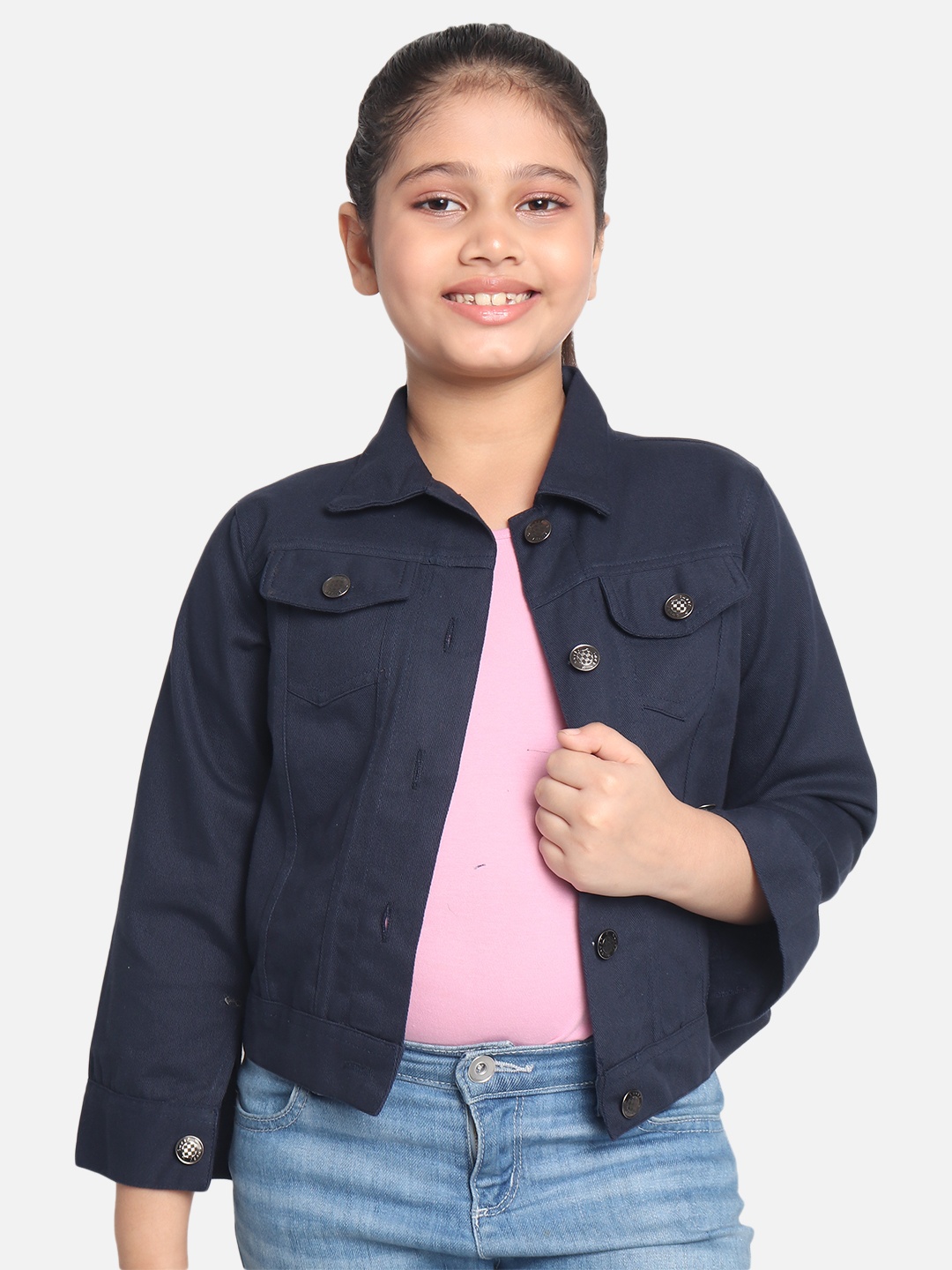 

MONTREZ Girls Navy Blue Lightweight Pure Cotton Denim Jacket
