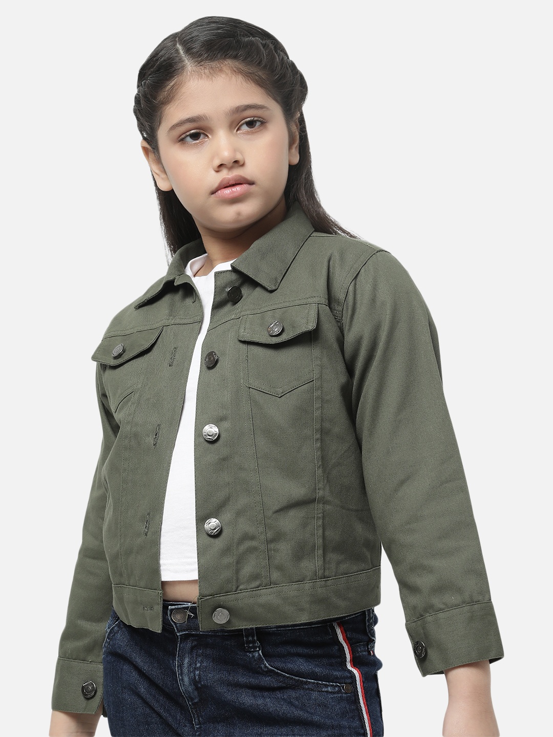 

MONTREZ Girls Olive Green Cotton Denim Jacket