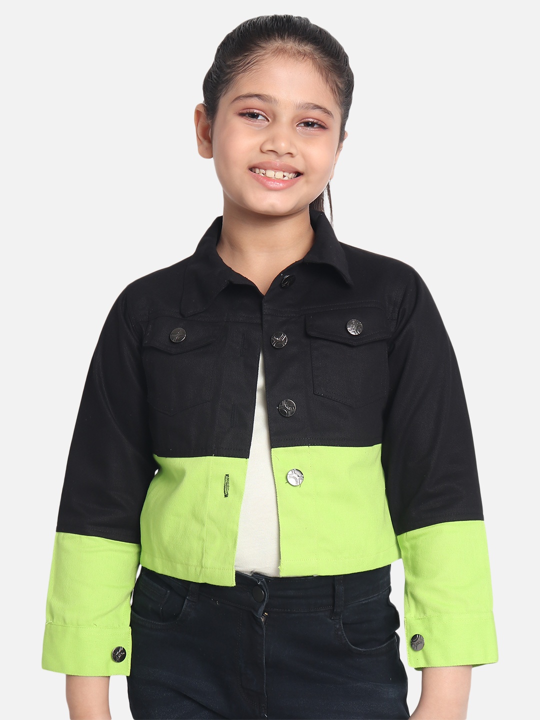 

MONTREZ Girls Black & Fluorescent Green Cotton Colourblocked Crop Denim Jacket