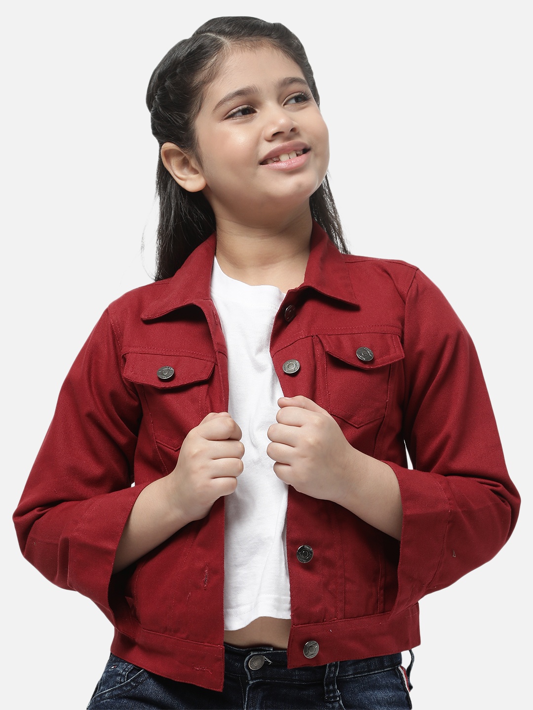 

MONTREZ Girls Maroon Cotton Denim Jacket