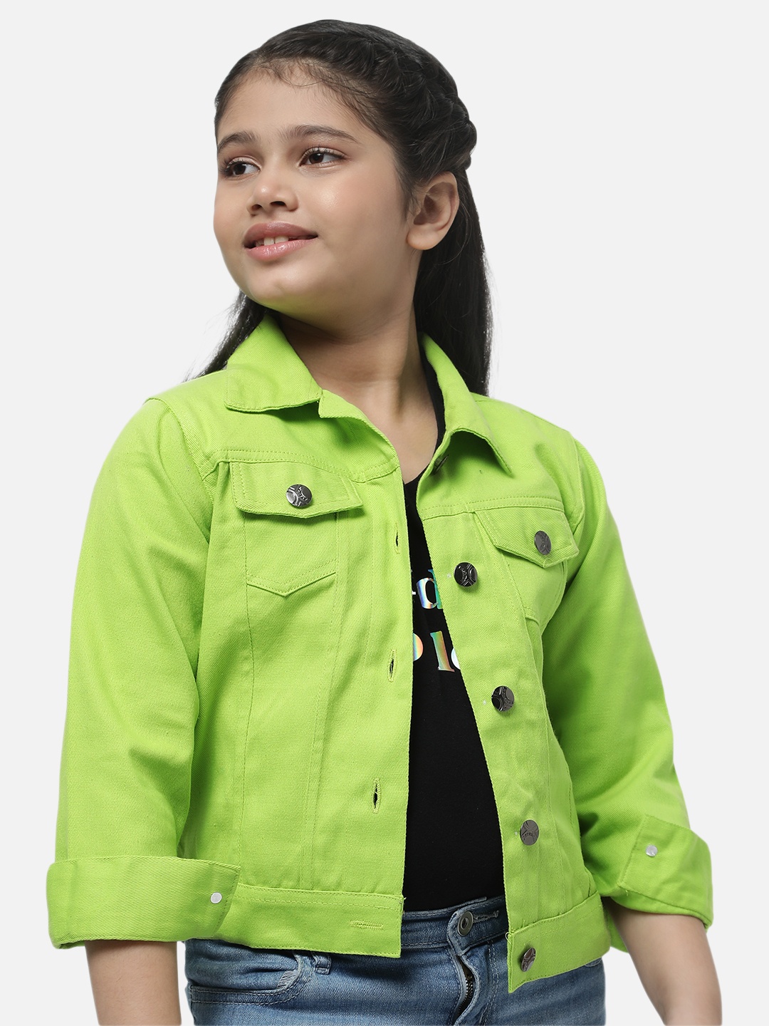 

MONTREZ Girls Fluorescent Green Cotton Denim Jacket