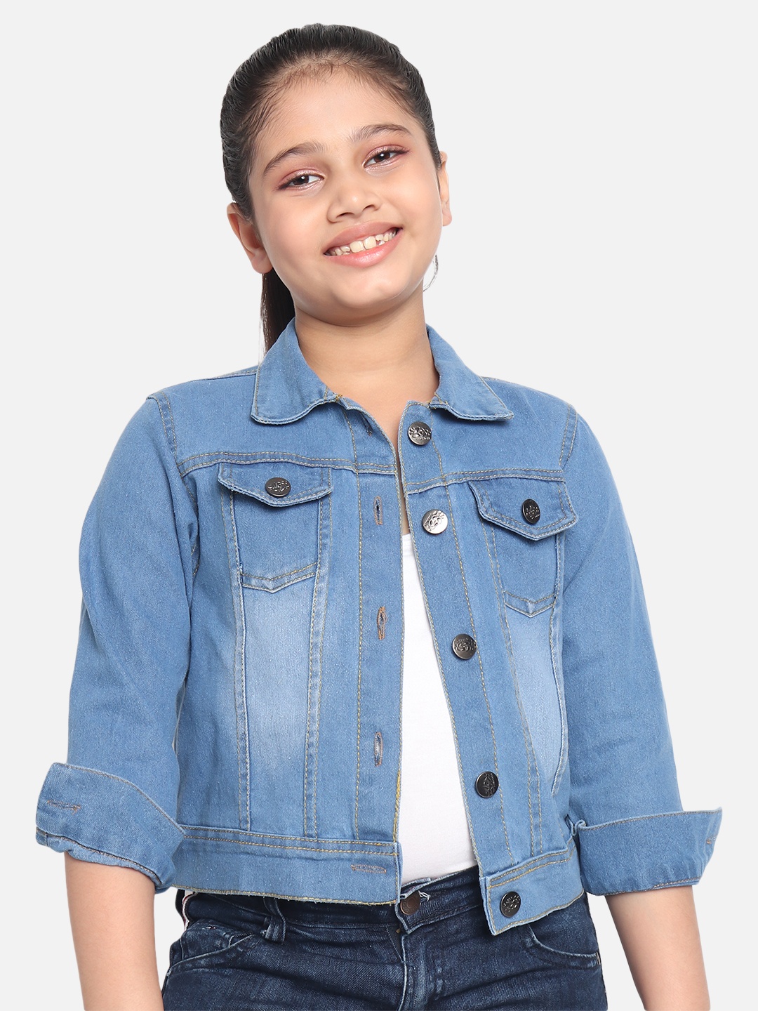 

MONTREZ Girls Blue Cotton Washed Denim Jacket