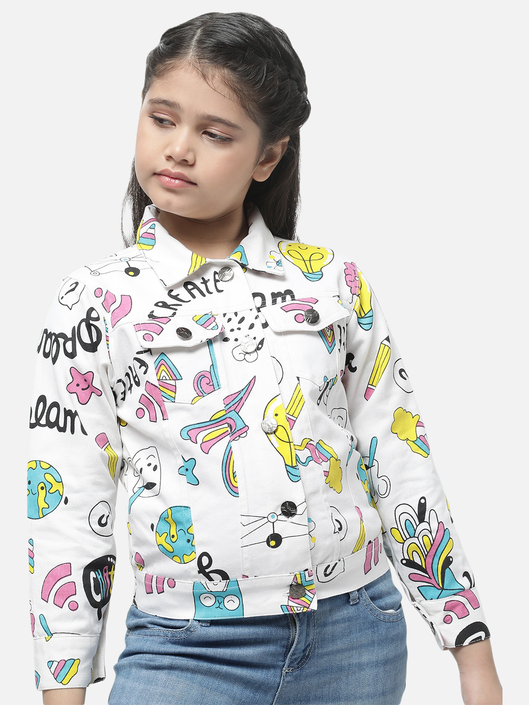 

MONTREZ Girls Multicoloured Cotton Printed Denim Jacket, Multi
