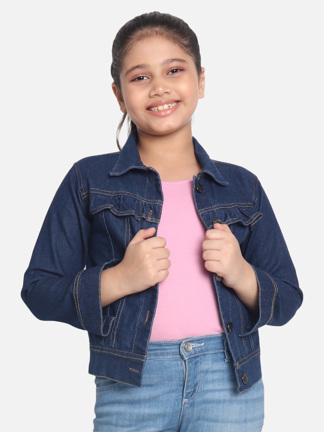 

MONTREZ Girls Navy Blue Solid Denim Jacket