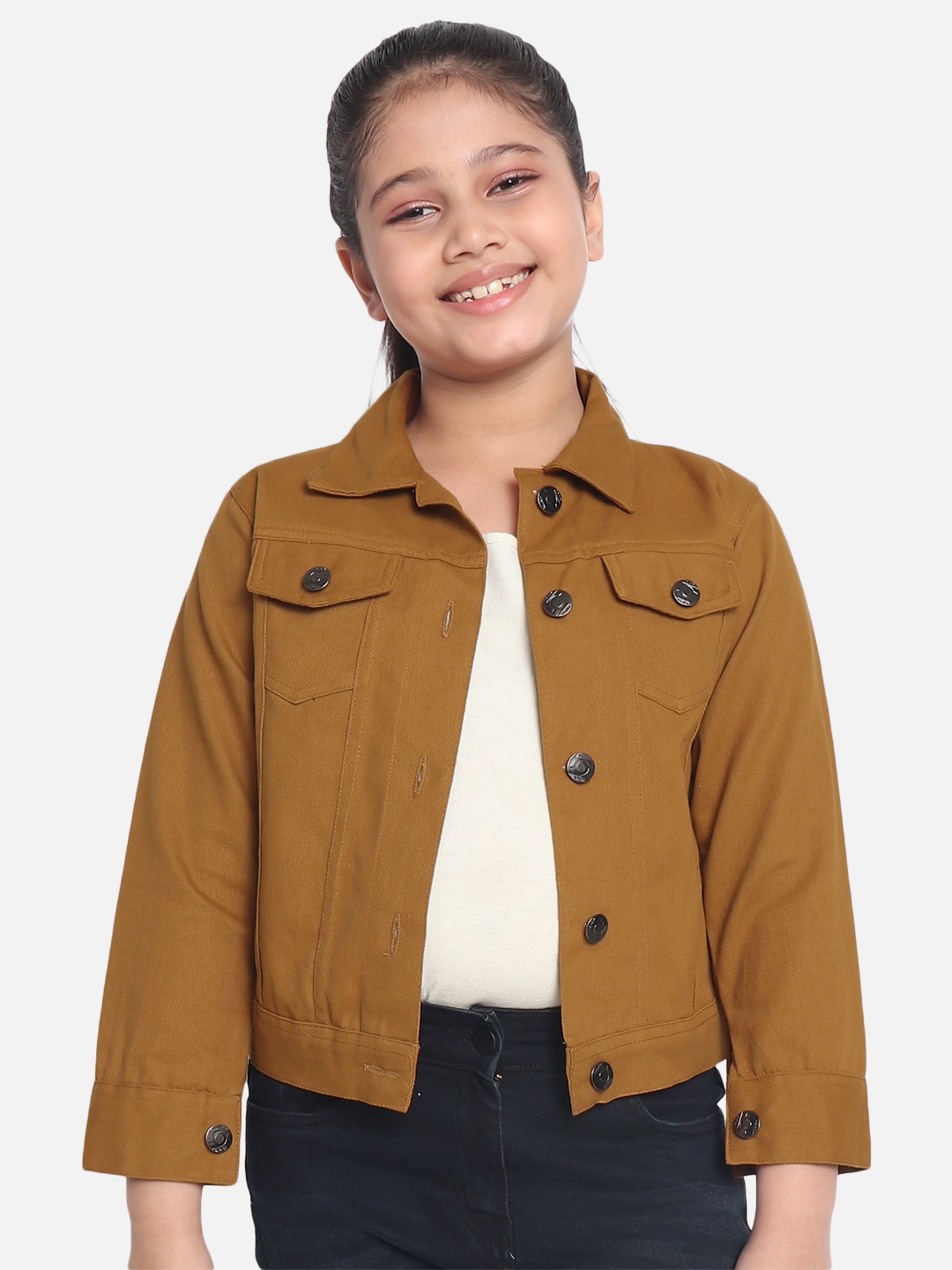 

MONTREZ Girls Mustard Brown Cotton Denim Jacket