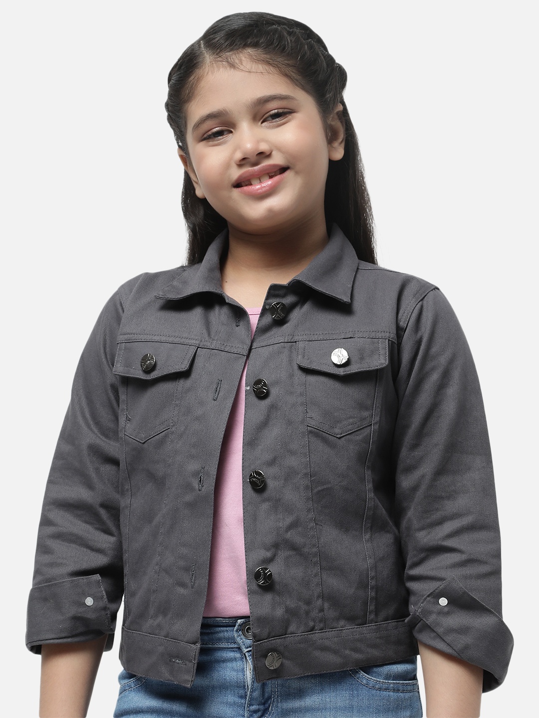 

MONTREZ Girls Charcoal Grey Cotton Denim Jacket