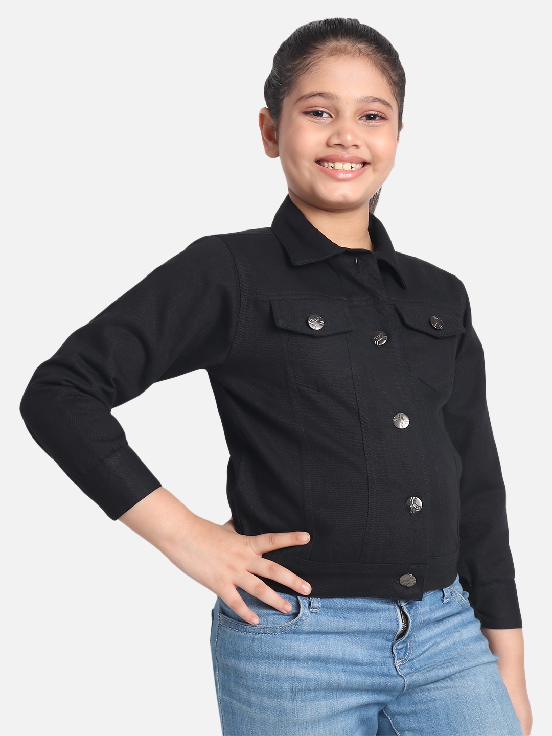 

MONTREZ Girls Black Cotton Denim Jacket