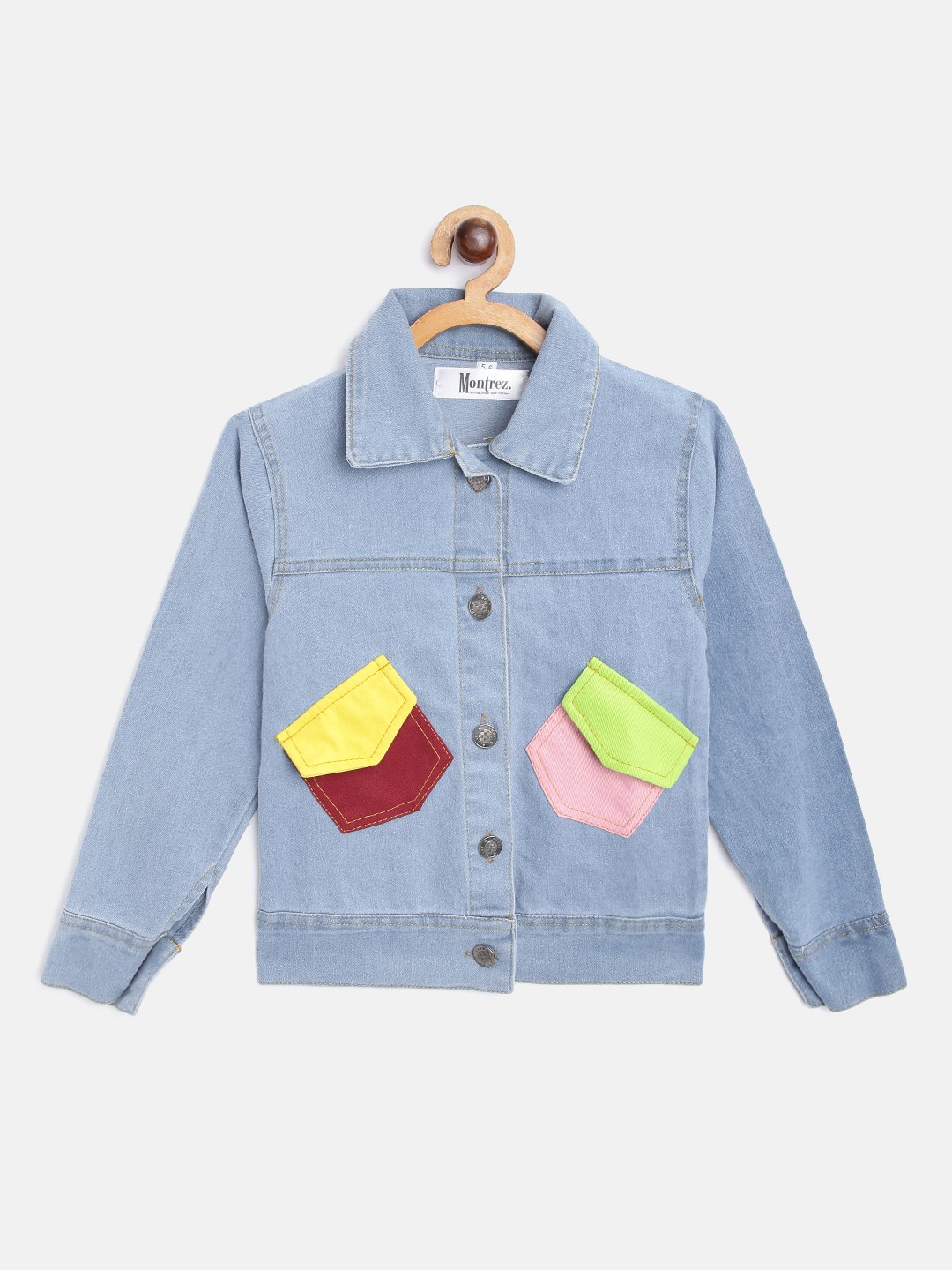 

MONTREZ Girls Blue & Yellow Lightweight Cotton Denim Jacket