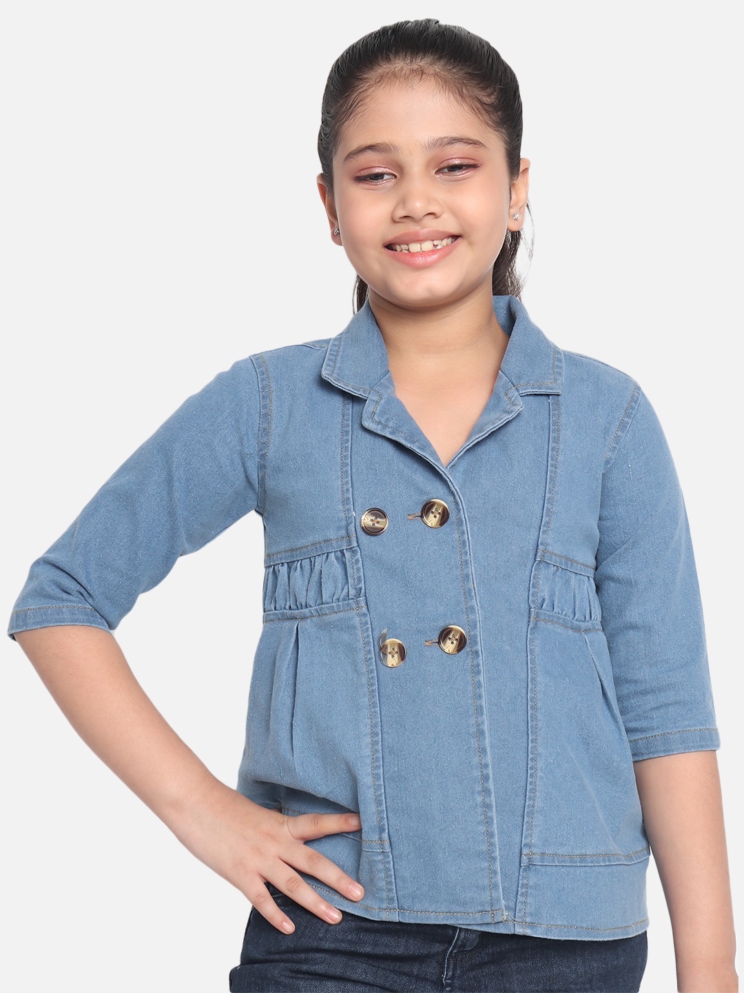 

MONTREZ Girls Blue Solid Denim Jacket